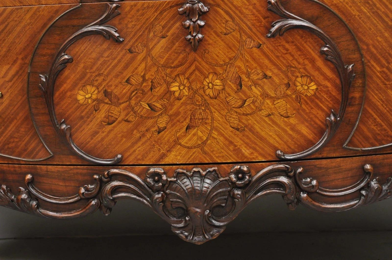 Antique French Louis XV Carved Walnut Inlaid Bombe Demilune Commode Dresser For Sale 8