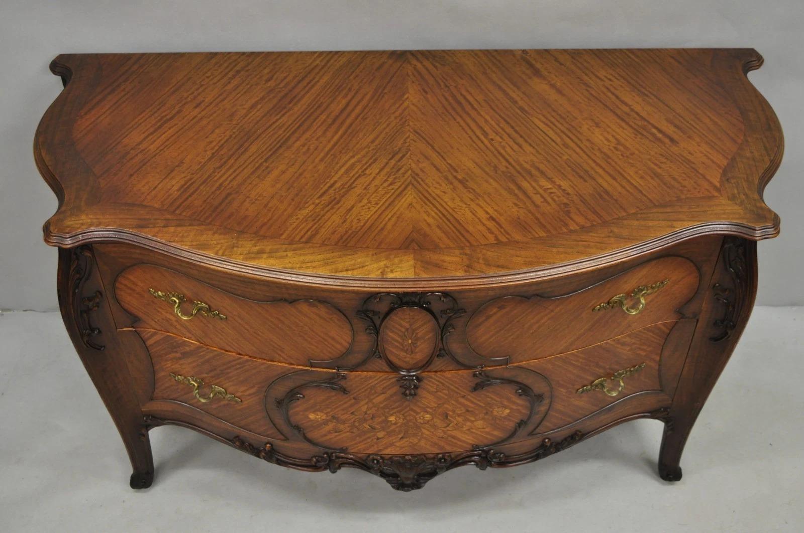Antique French Louis XV Carved Walnut Inlaid Bombe Demilune Commode Dresser In Good Condition For Sale In Philadelphia, PA