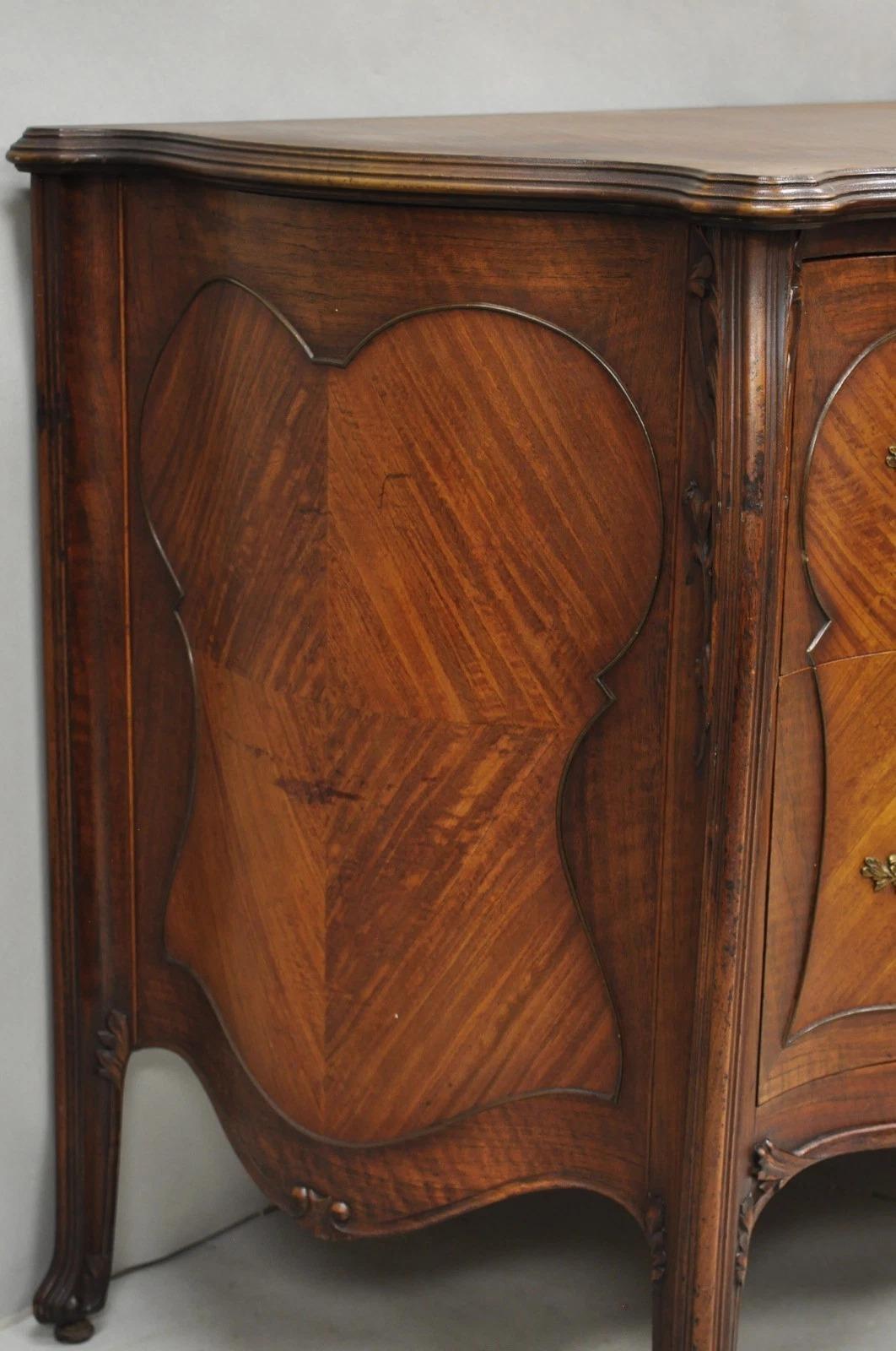 Antique French Louis XV Carved Walnut Inlaid Bombe Demilune Commode Dresser For Sale 3