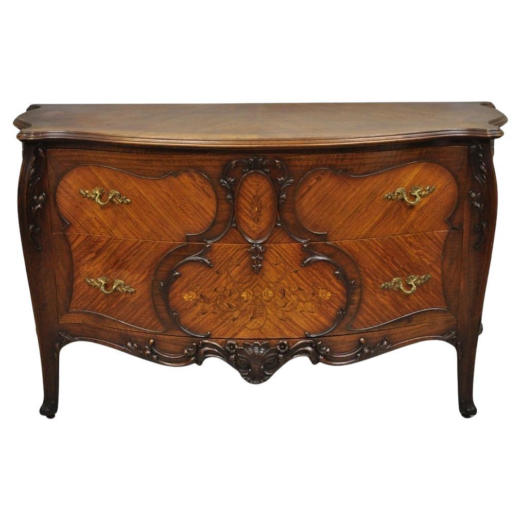 Antique French Louis XV Carved Walnut Inlaid Bombe Demilune Commode Dresser For Sale