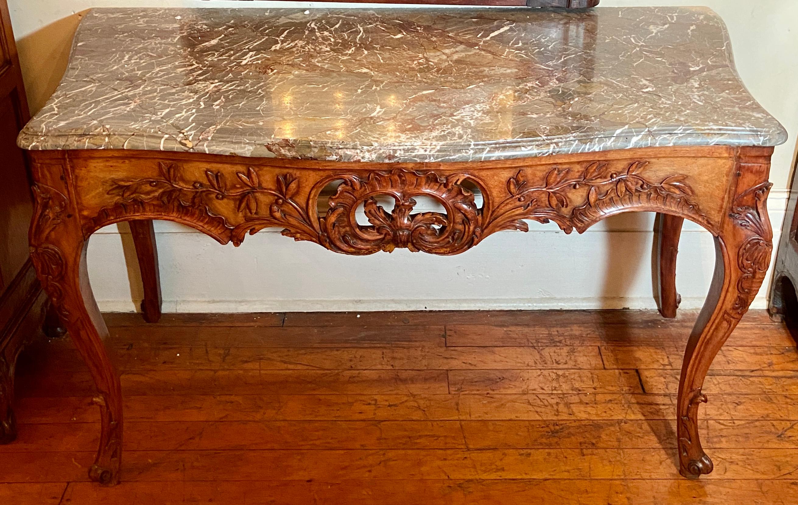 Antique French Louis XV Carved Walnut and Marble Top Console Table, Circa 1840-1860.