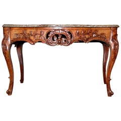 Antique French Louis XV Carved Walnut 
Marble Top Console Table circa 1840-1860