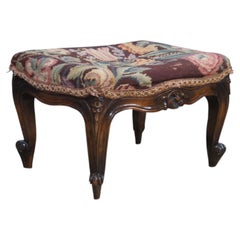 Antique French Louis XV Carved Walnut Needlepoint Stool Foot Rest Ottoman 14"