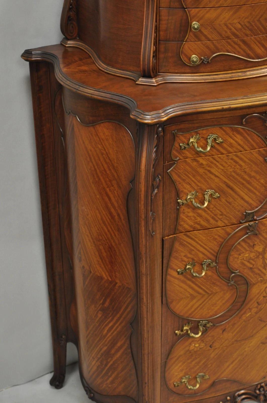 Antique French Louis XV Carved Walnut Satinwood Inlay Highboy Tall Chest Dresser For Sale 6