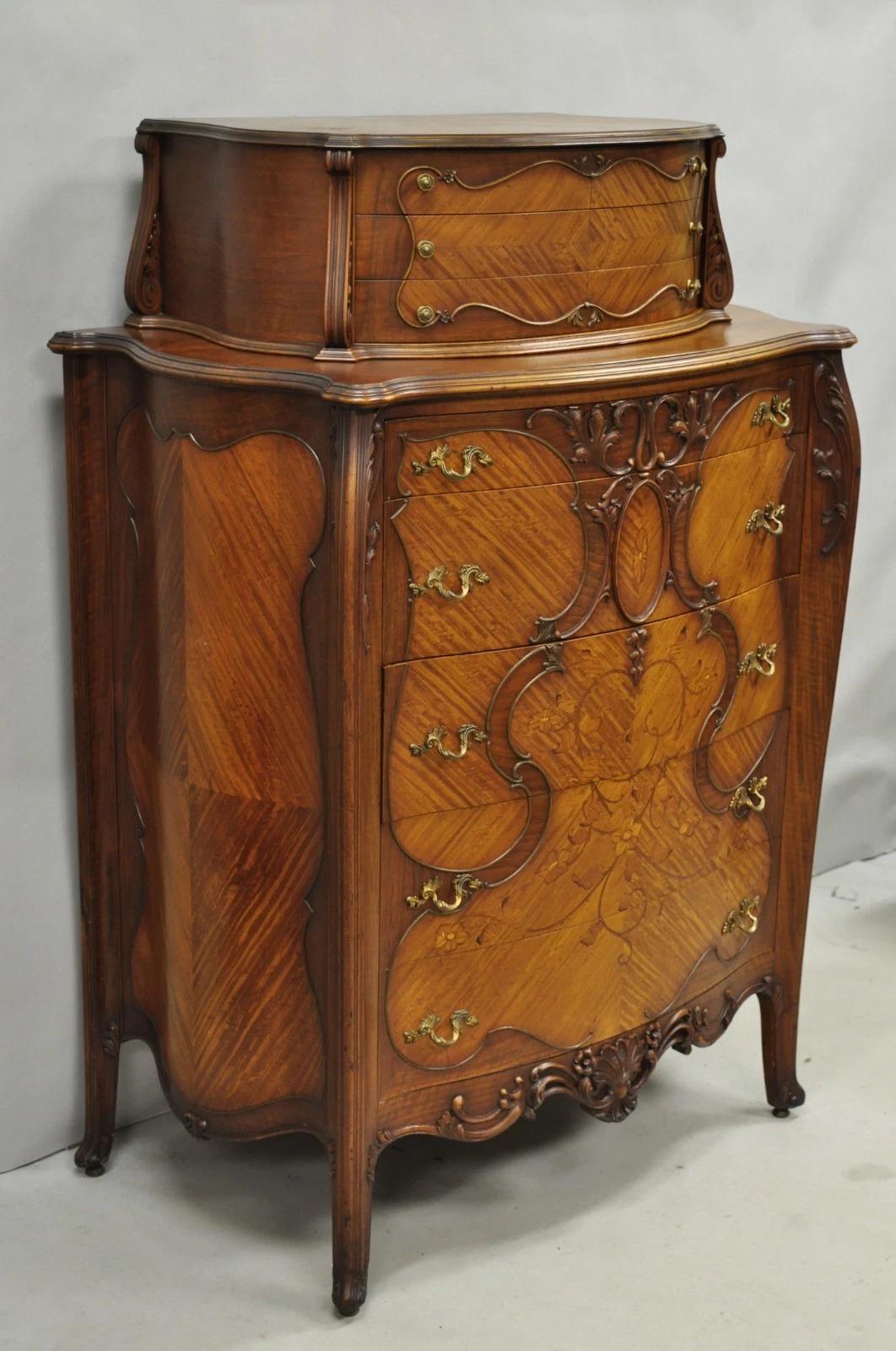 Antique French Louis XV Carved Walnut Satinwood Inlay Highboy Tall Chest Dresser For Sale 7