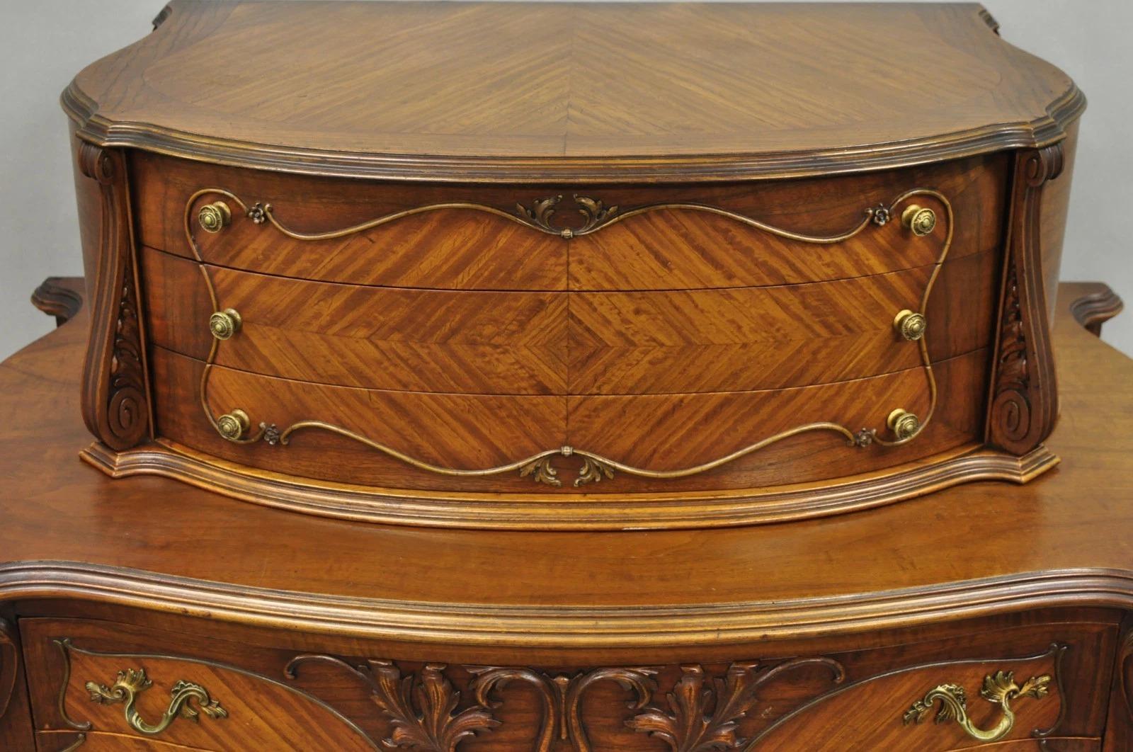 Antique French Louis XV Carved Walnut Satinwood Inlay Highboy Tall Chest Dresser For Sale 8