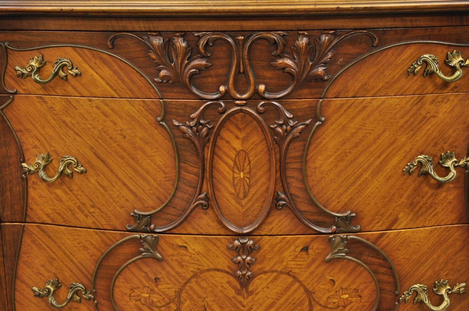 Antique French Louis XV Carved Walnut Satinwood Inlay Highboy Tall Chest Dresser For Sale 9