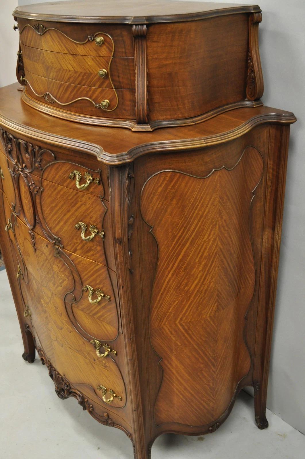 Antique French Louis XV Carved Walnut Satinwood Inlay Highboy Tall Chest Dresser For Sale 10