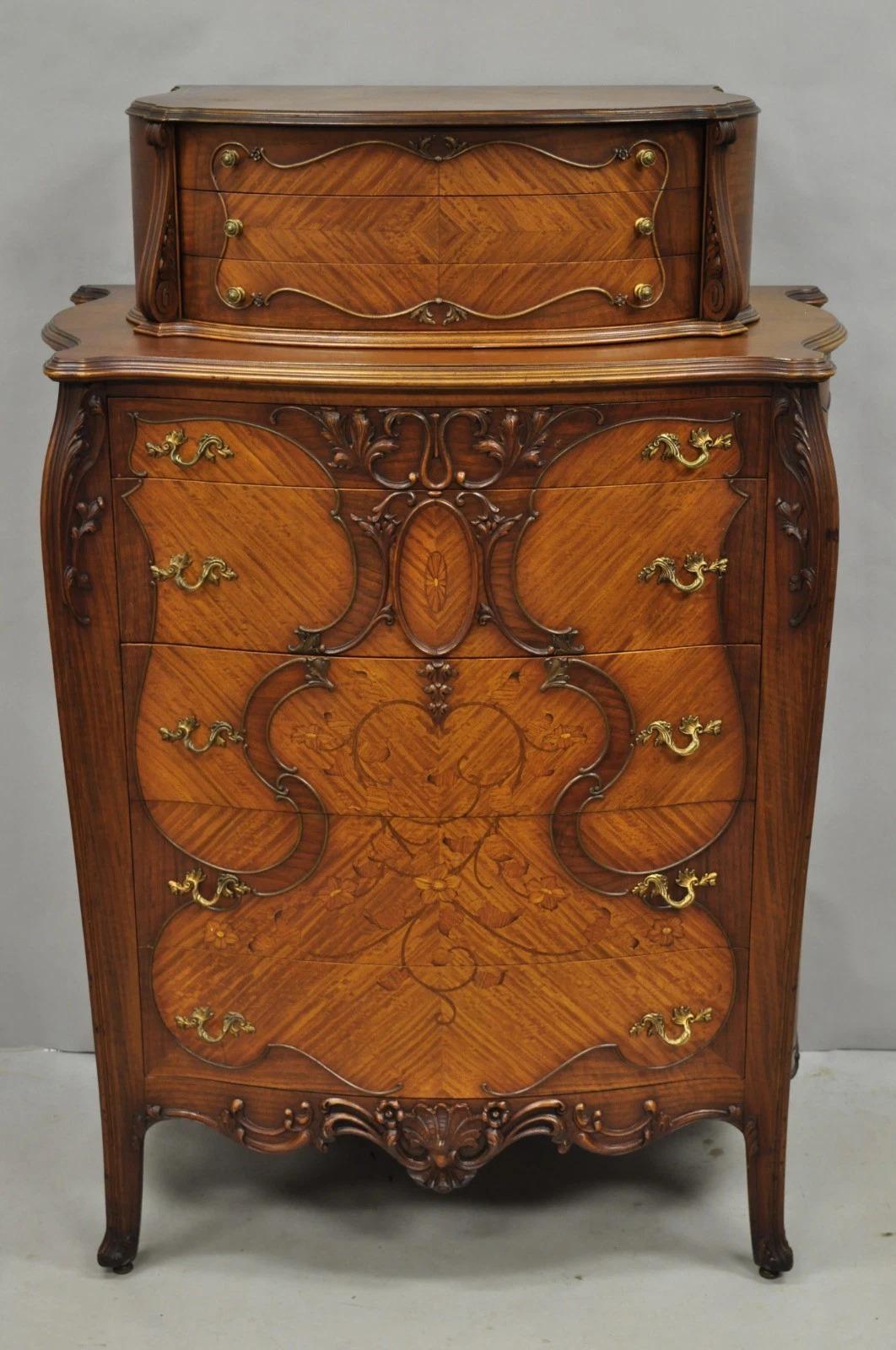 Antique French Louis XV Carved Walnut Satinwood Inlay Highboy Tall Chest Dresser For Sale 11