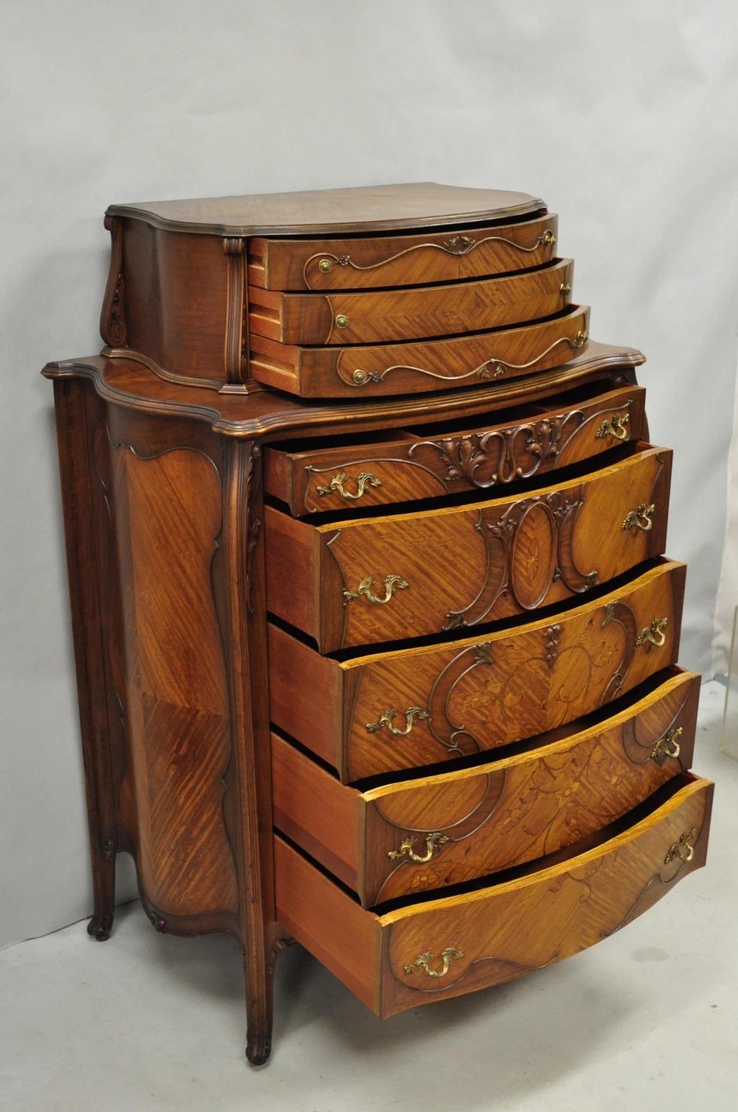 Please message us with your zip code to request a more reasonable domestic U.S. shipping quote.

Antique French Louis XV Style Carved Walnut Satinwood Inlay Highboy Tall Chest Dresser. Item features serpentine bombe sides, 8 drawers with removable