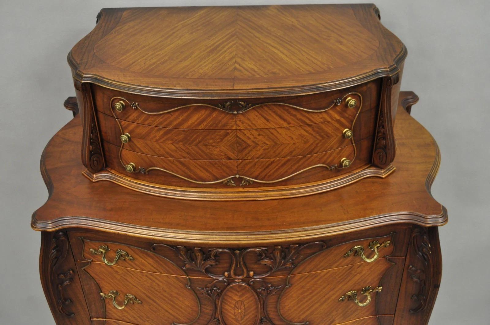 Unknown Antique French Louis XV Carved Walnut Satinwood Inlay Highboy Tall Chest Dresser For Sale