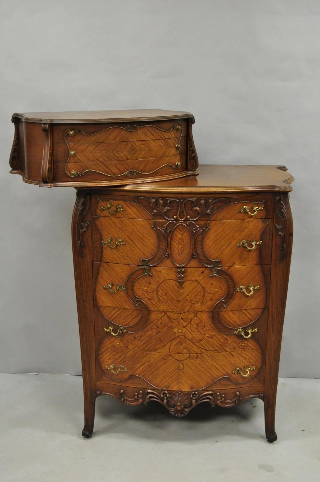 Antique French Louis XV Carved Walnut Satinwood Inlay Highboy Tall Chest Dresser In Good Condition For Sale In Philadelphia, PA