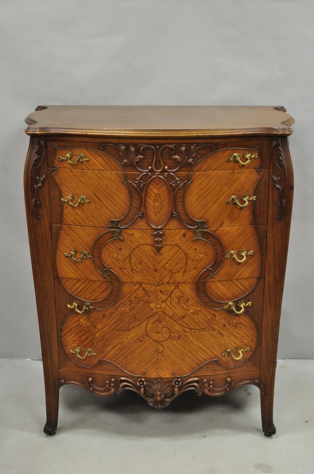 20th Century Antique French Louis XV Carved Walnut Satinwood Inlay Highboy Tall Chest Dresser For Sale
