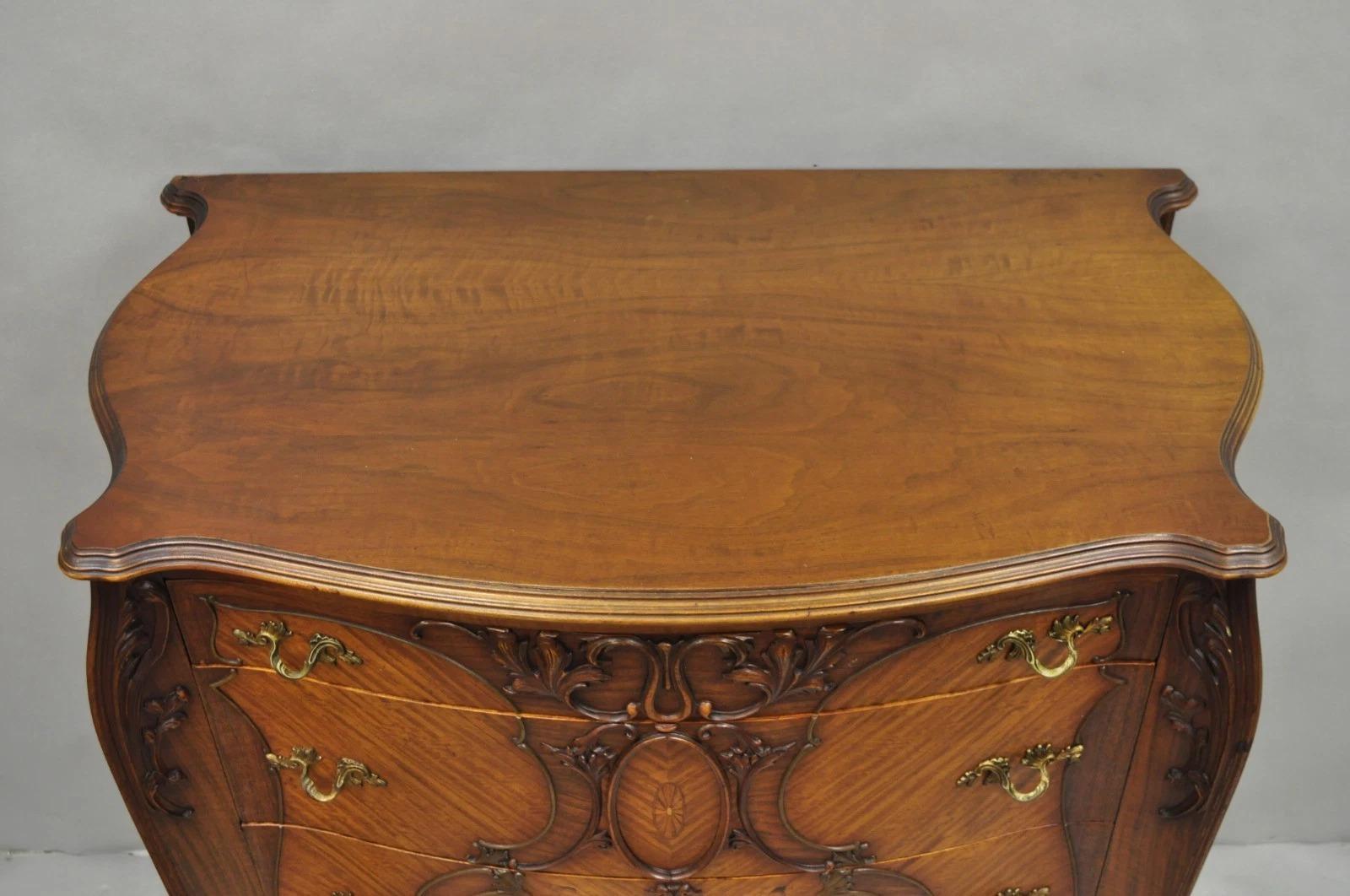 Antique French Louis XV Carved Walnut Satinwood Inlay Highboy Tall Chest Dresser For Sale 1