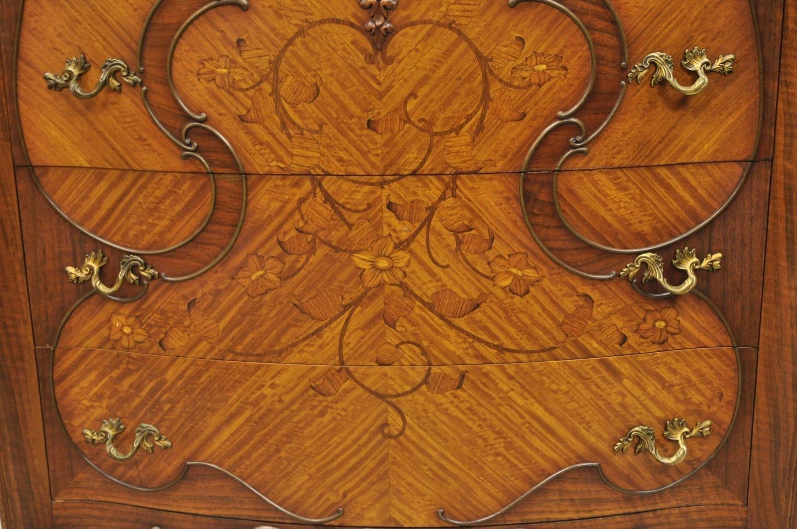 Antique French Louis XV Carved Walnut Satinwood Inlay Highboy Tall Chest Dresser For Sale 3