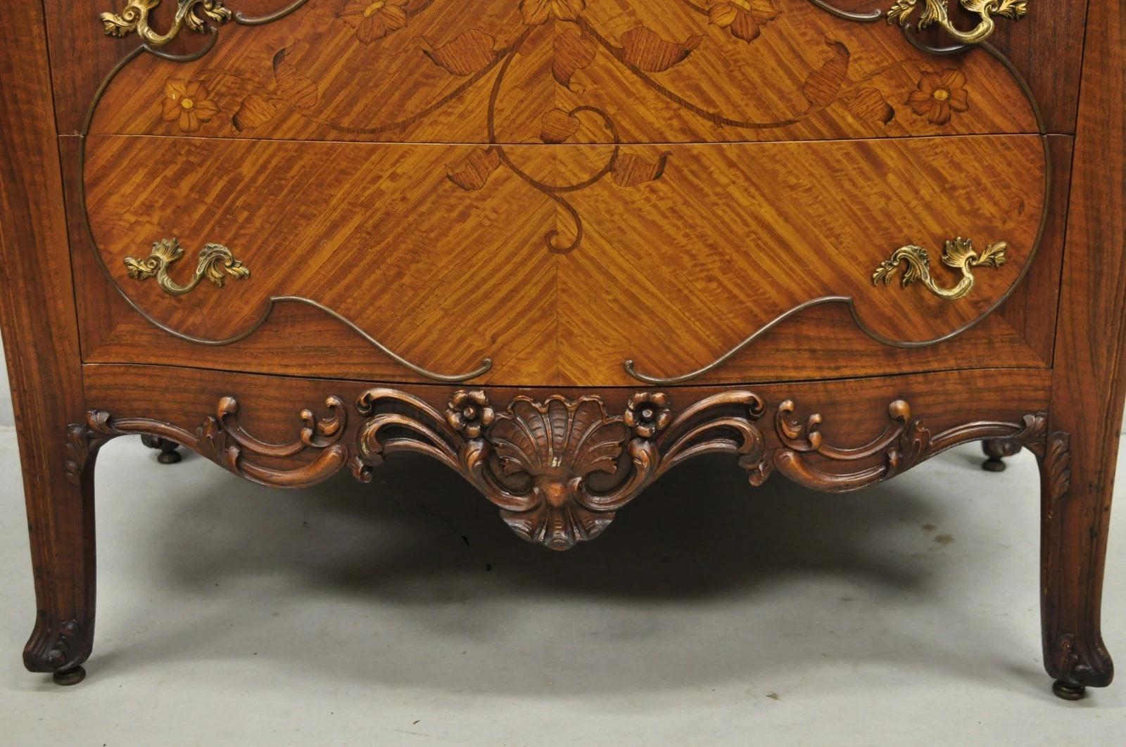 Antique French Louis XV Carved Walnut Satinwood Inlay Highboy Tall Chest Dresser For Sale 4