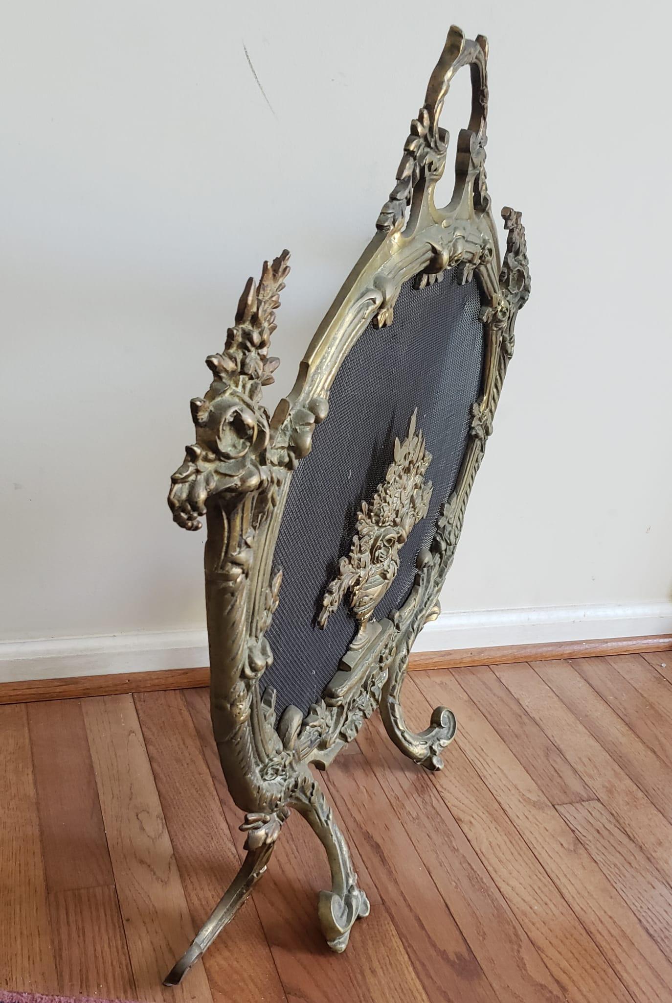 Antique French Louis XV Cast Brass Fire Screen, Circa 1880. Measures 28