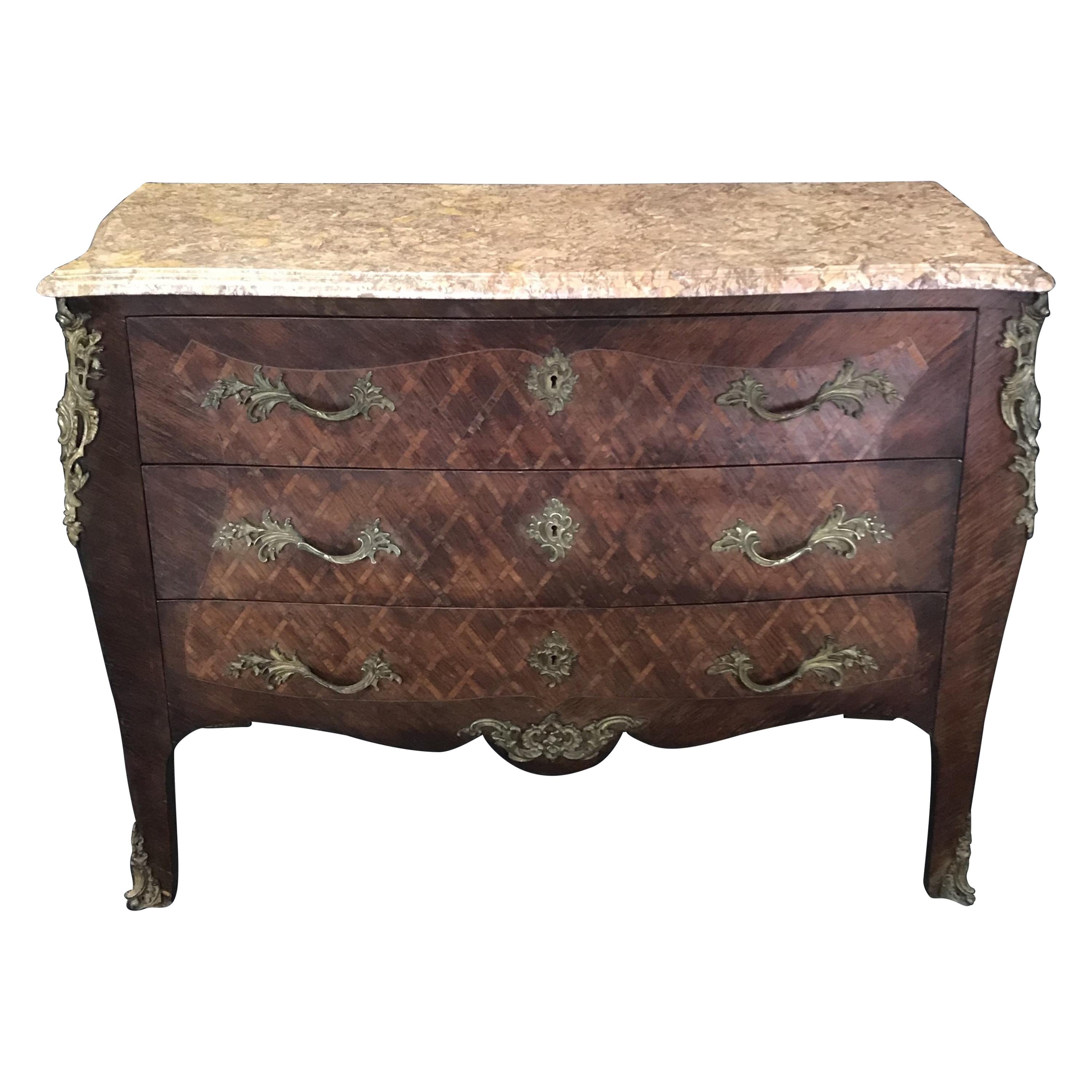 Antique French Louis XV Diamond Marquetry Commode Chest of Drawers