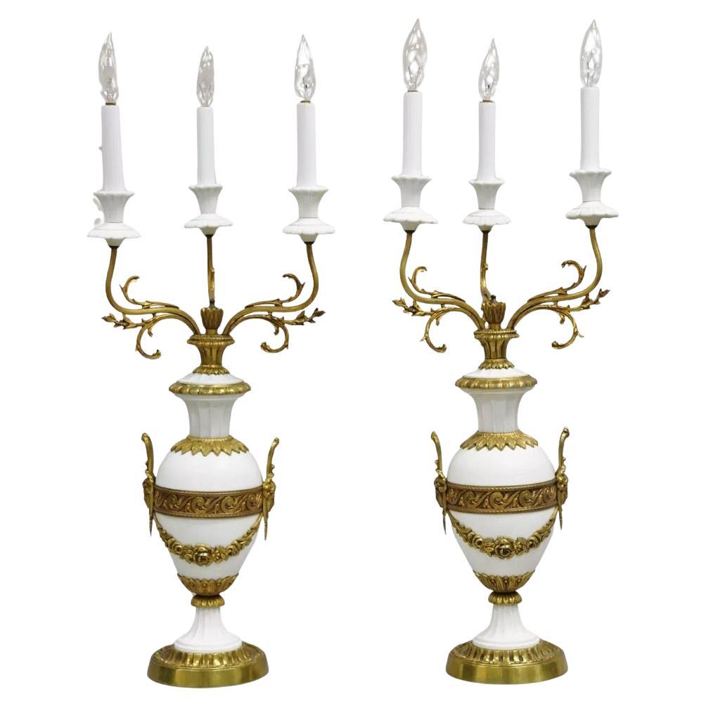 Antique French Louis XV Figural Bronze & Porcelain Candelabra Table Lamps - Pair