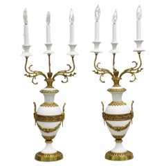 Antique French Louis XV Figural Bronze & Porcelain Candelabra Table Lamps - Pair