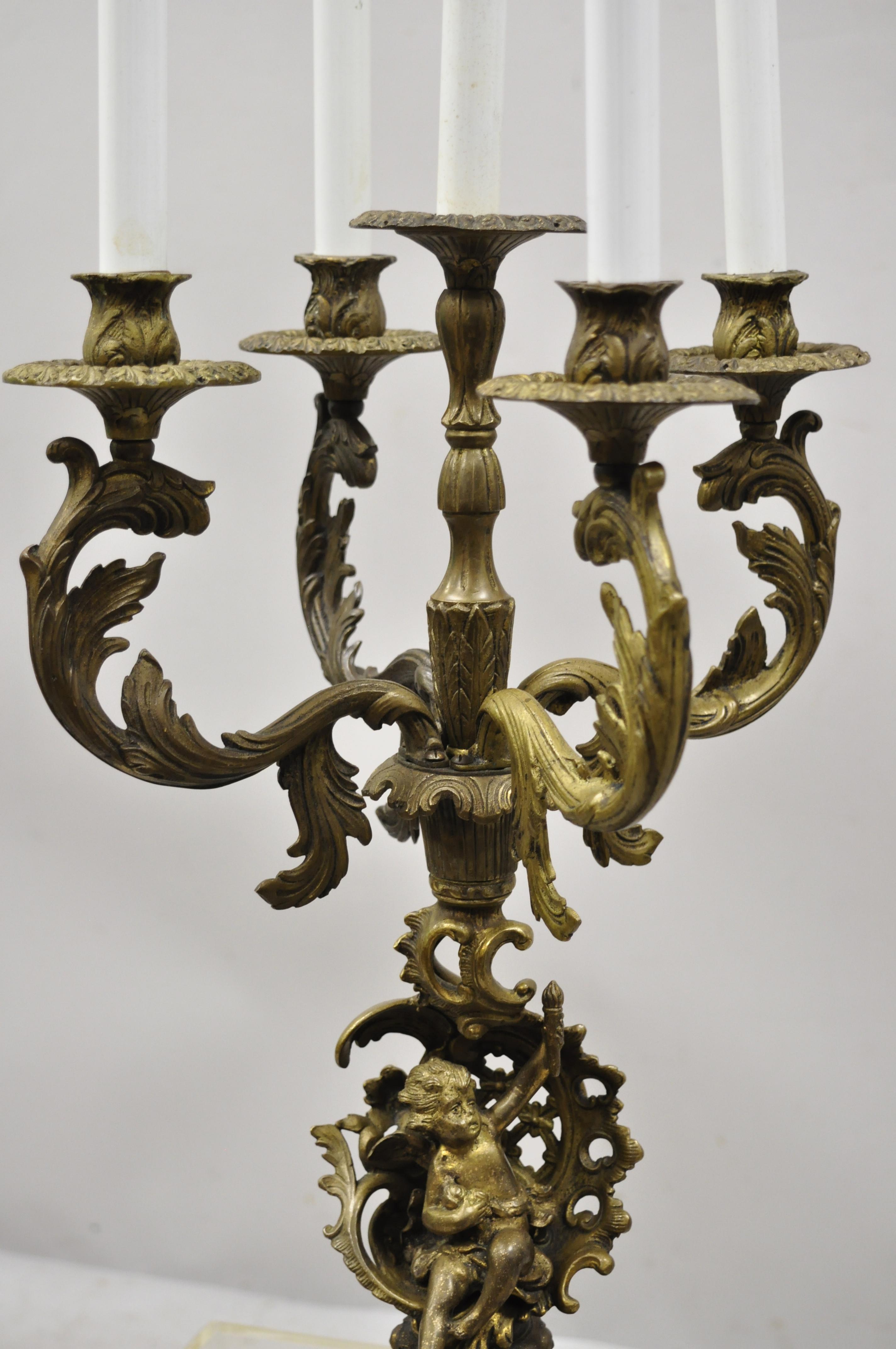 Spanish Antique French Louis XV Figural Cherub Brass and Marble Candelabrum Table Lamp For Sale