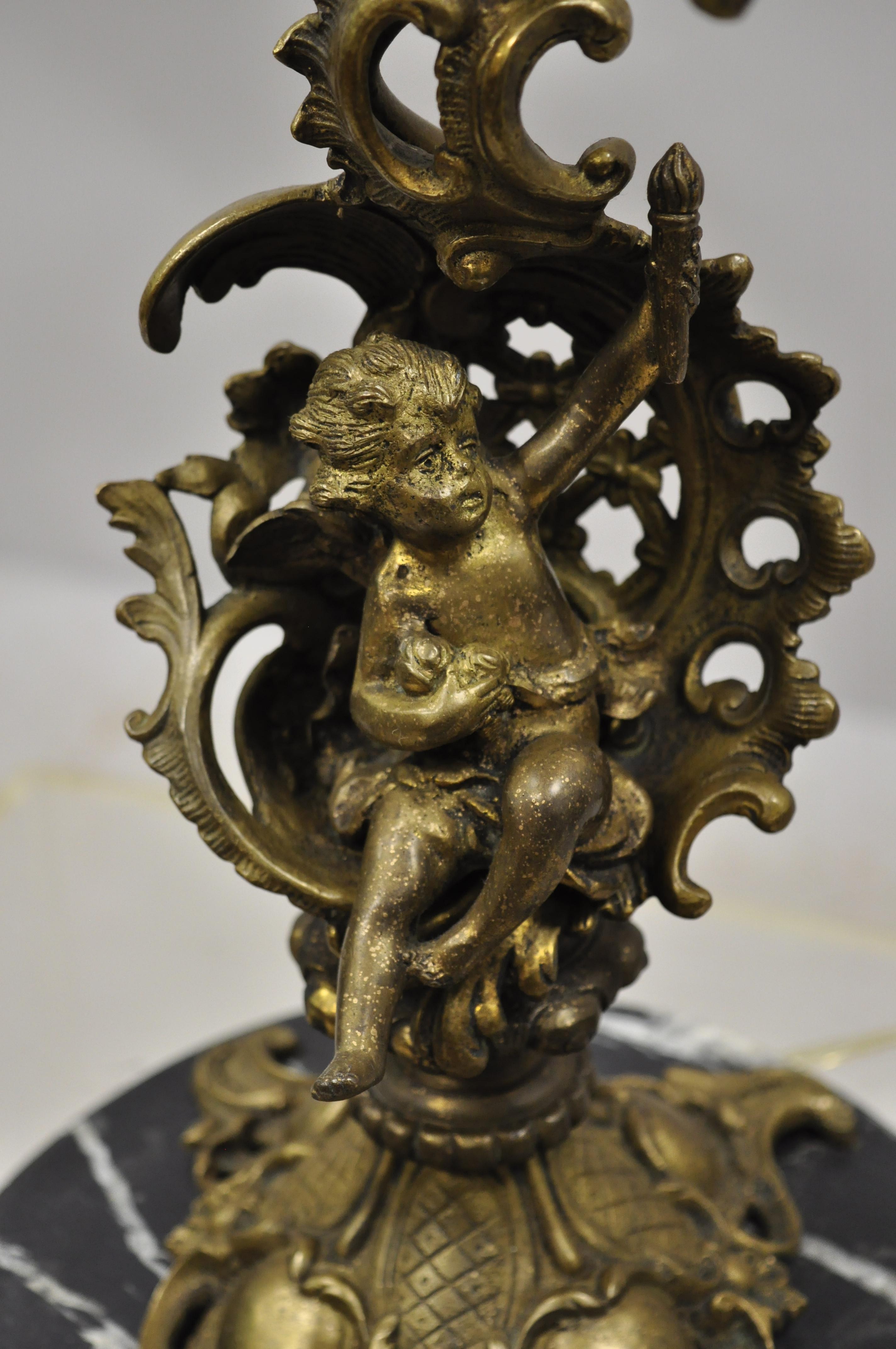 20th Century Antique French Louis XV Figural Cherub Brass and Marble Candelabrum Table Lamp For Sale