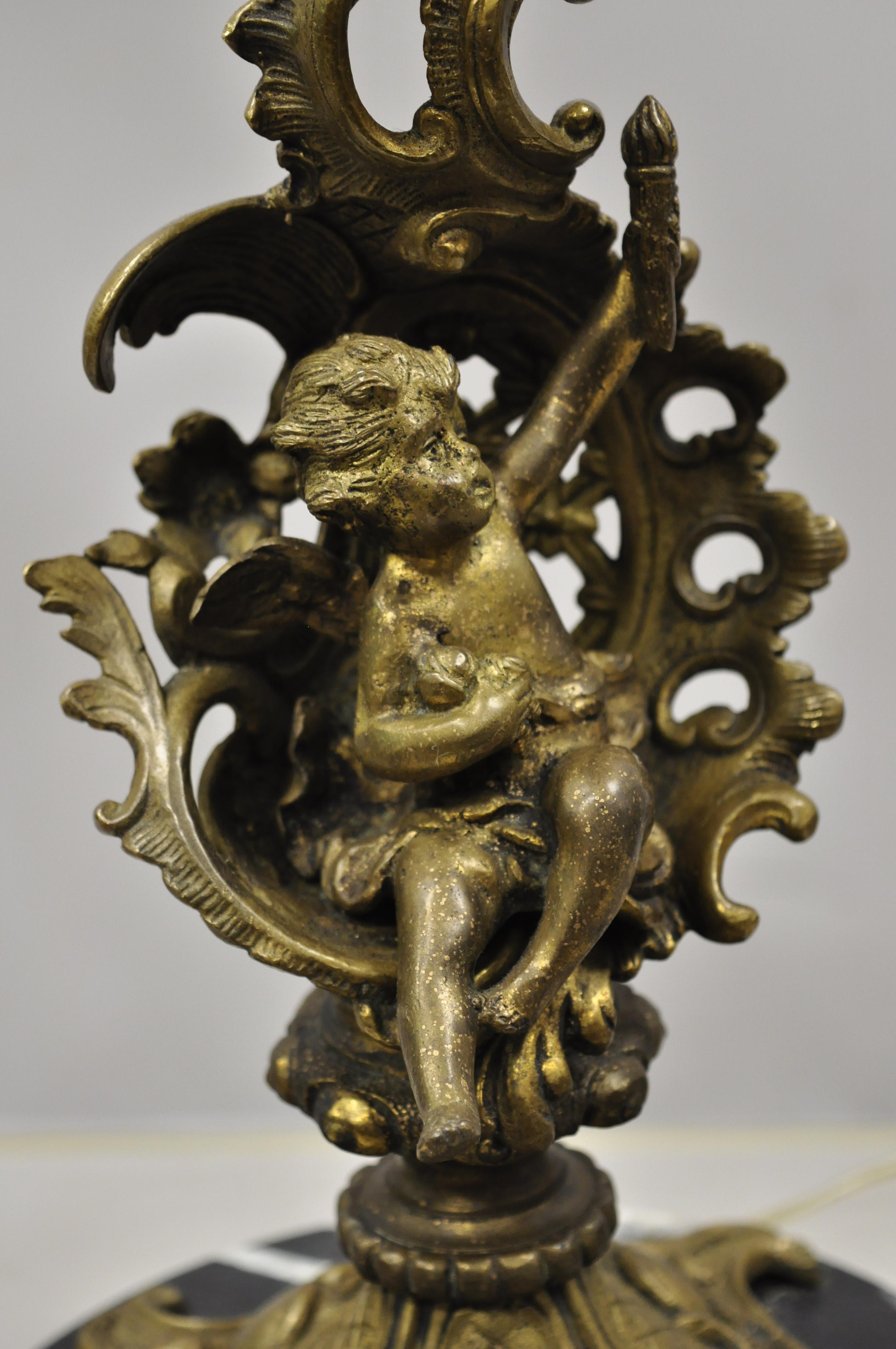 Antique French Louis XV Figural Cherub Brass and Marble Candelabrum Table Lamp For Sale 4