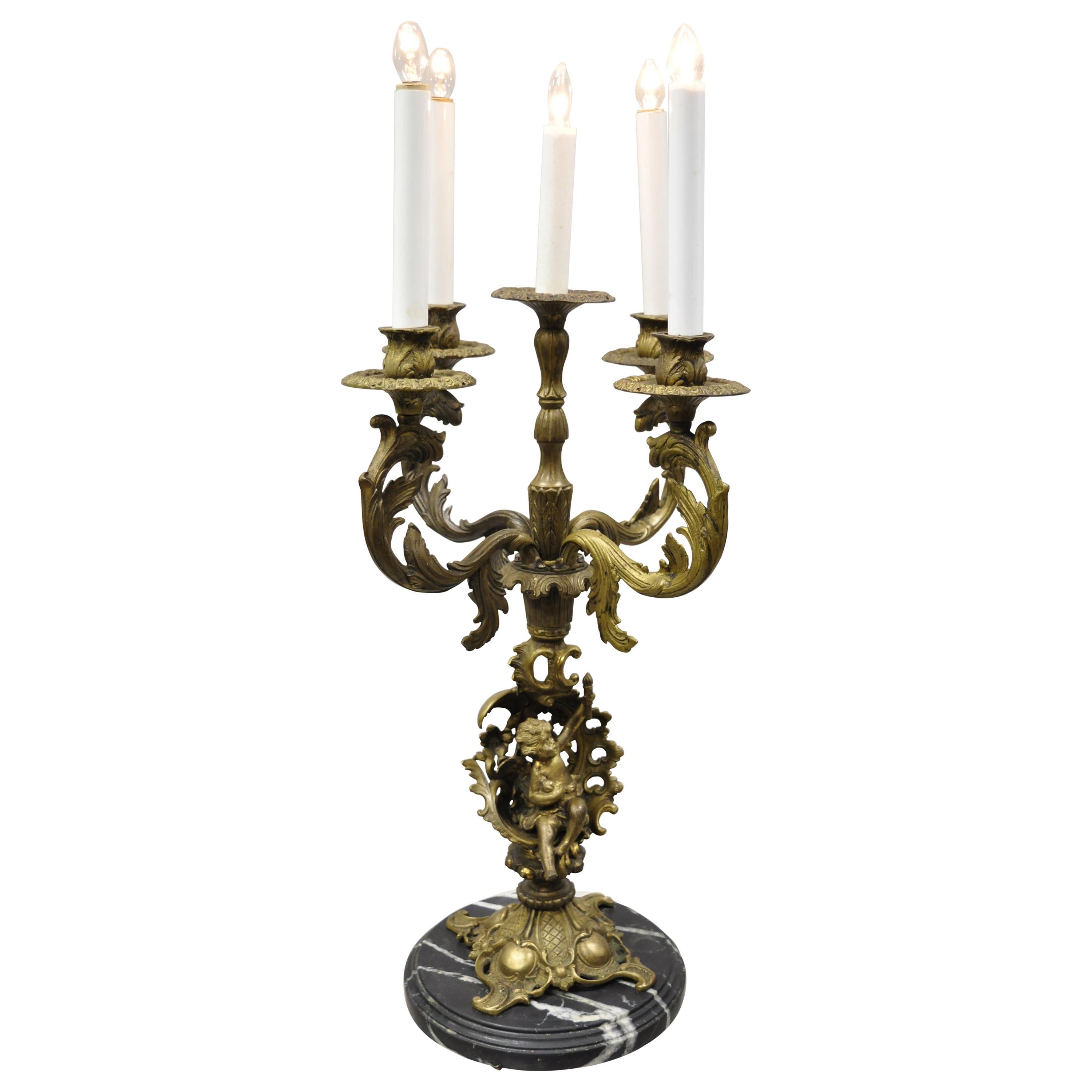 Antique French Louis XV Figural Cherub Brass and Marble Candelabrum Table Lamp For Sale