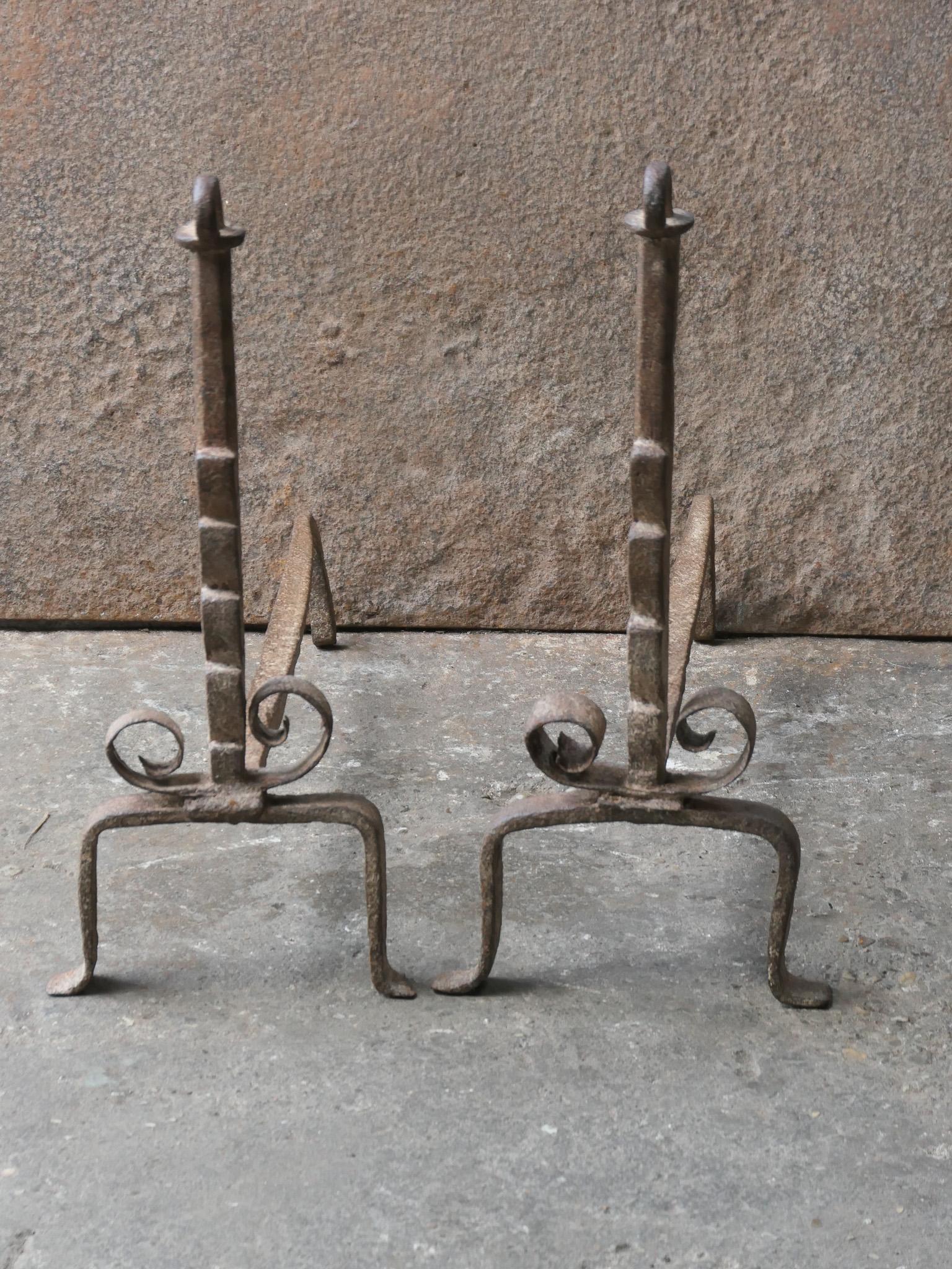 Forged Antique French Louis XV Fire Andirons, 18th Century  For Sale