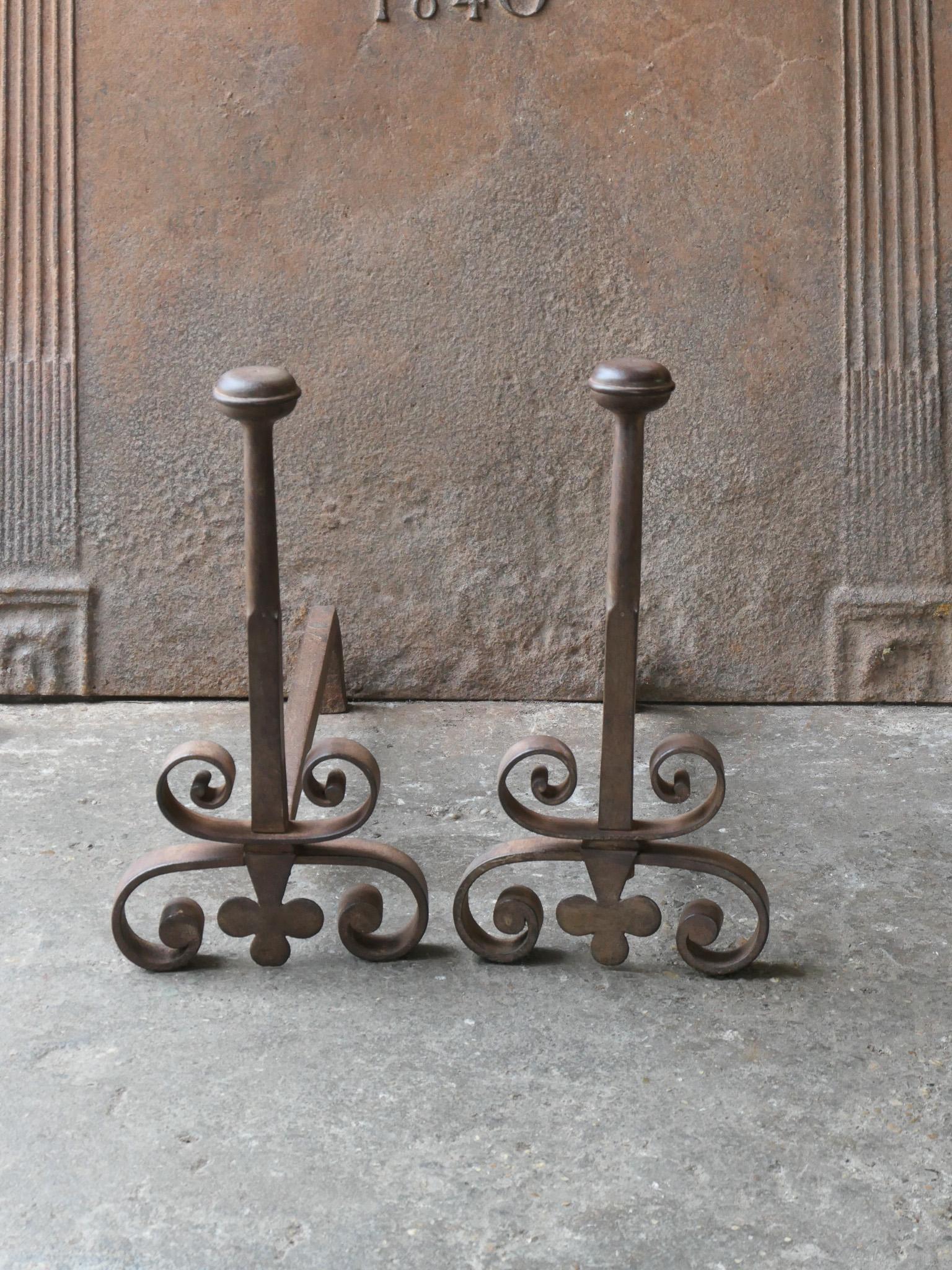 Forged Antique French Louis XV Fire Andirons, 18th Century  For Sale