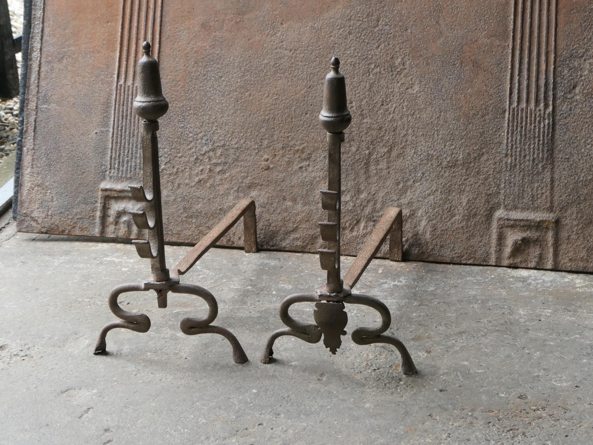18th Century and Earlier Antique French Louis XV Fire Andirons, 18th Century  For Sale