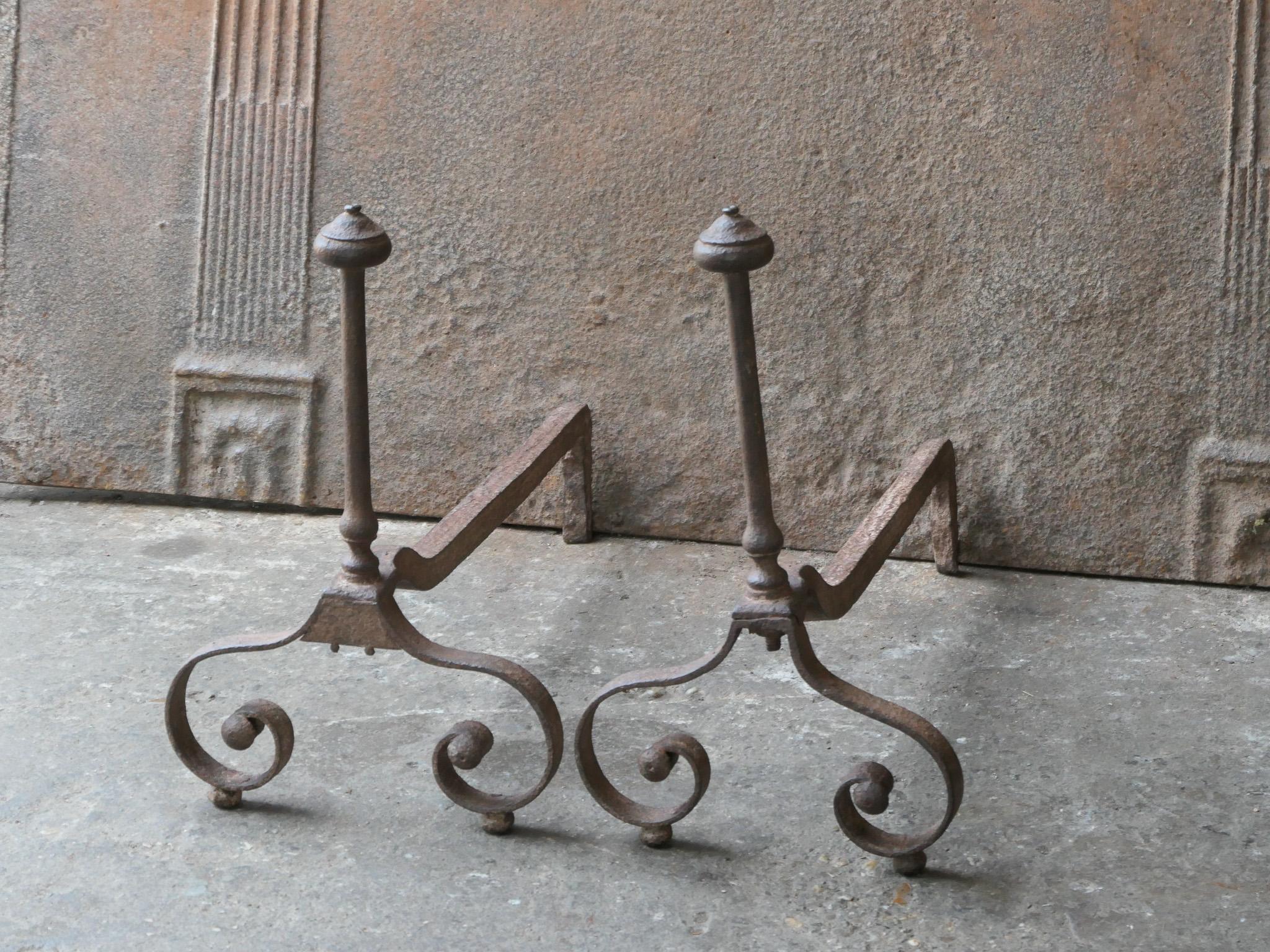 Wrought Iron Antique French Louis XV Fire Andirons, 18th Century  For Sale