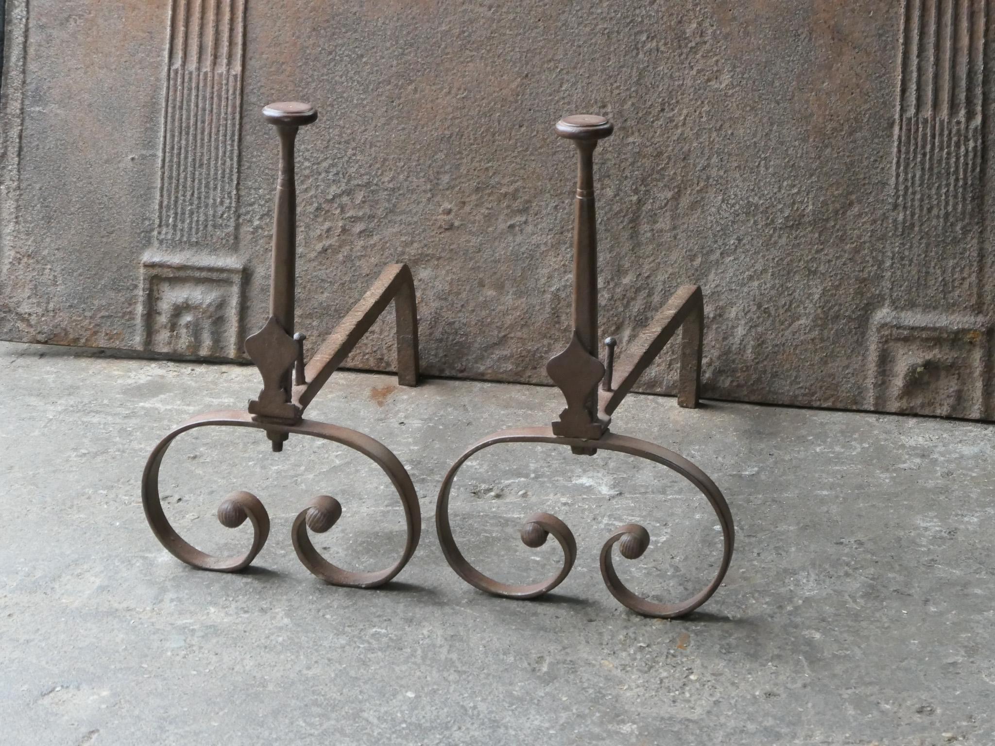 Wrought Iron Antique French Louis XV Fire Andirons, 18th Century  For Sale