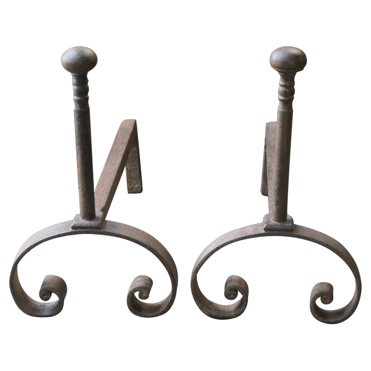 Antique French Louis XV Fire Andirons, Siglo XVIII