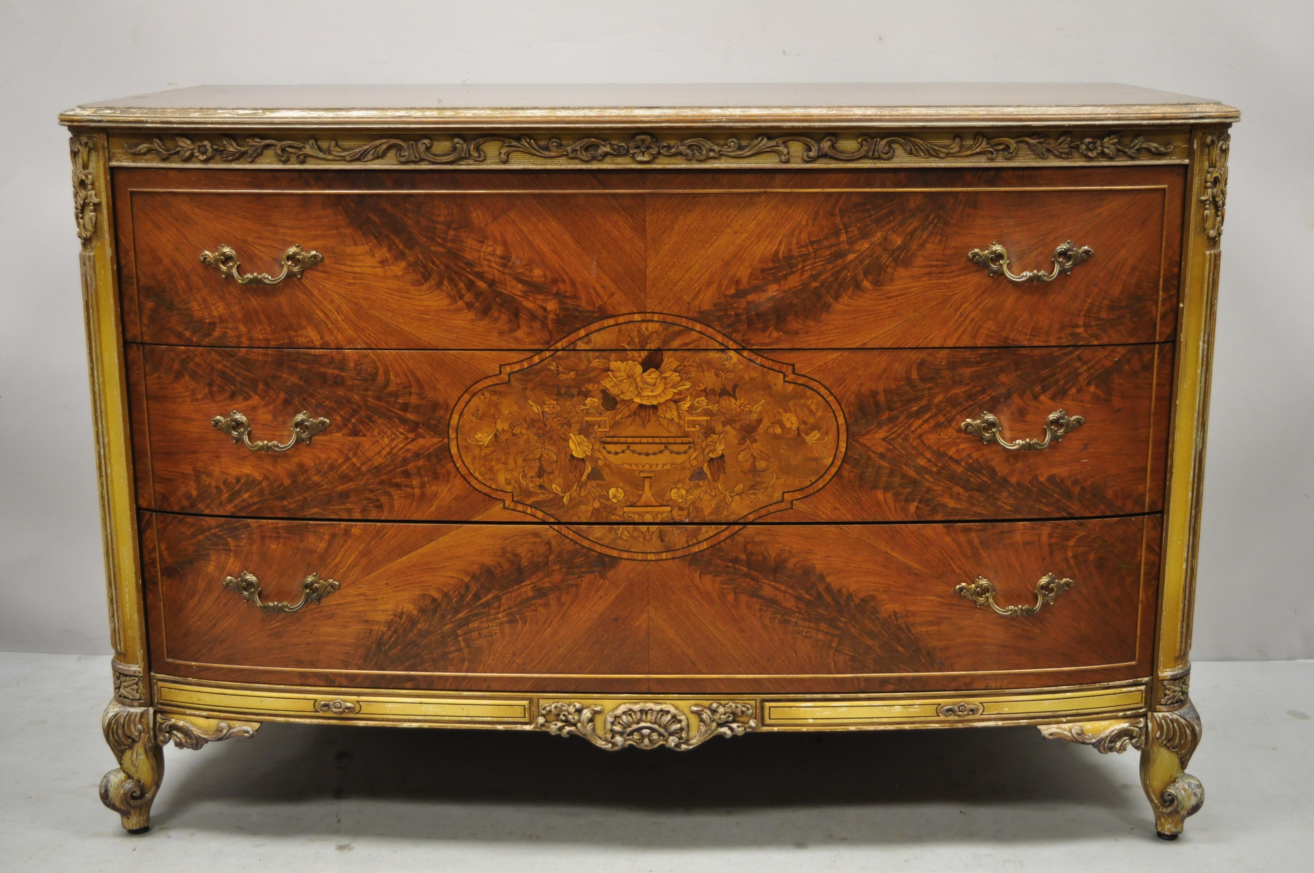 Antique French Louis XV style floral satinwood inlaid mahogany low chest dresser and mirror. Item features beautiful wood grain, distressed finish, nicely carved details, 4 dovetailed drawers, cabriole legs, great style and form. Floral carved an