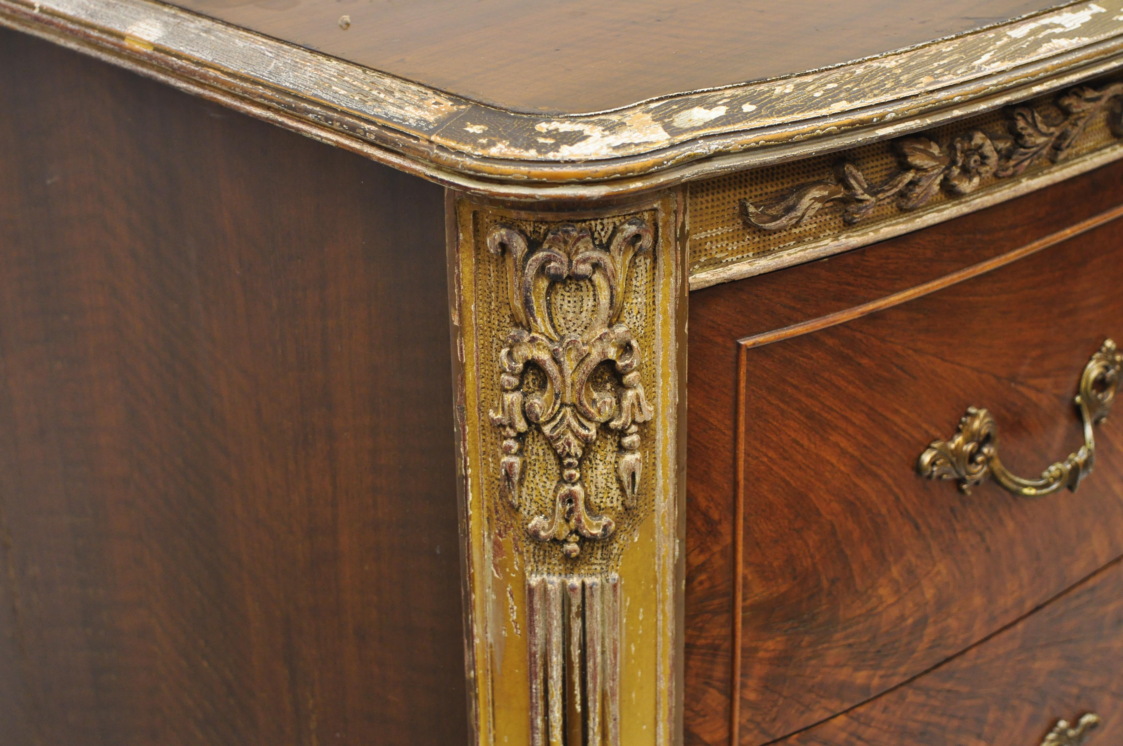 Antique French Louis XV Floral Satinwood Inlaid Mahogany Chest Dresser & Mirror In Good Condition For Sale In Philadelphia, PA