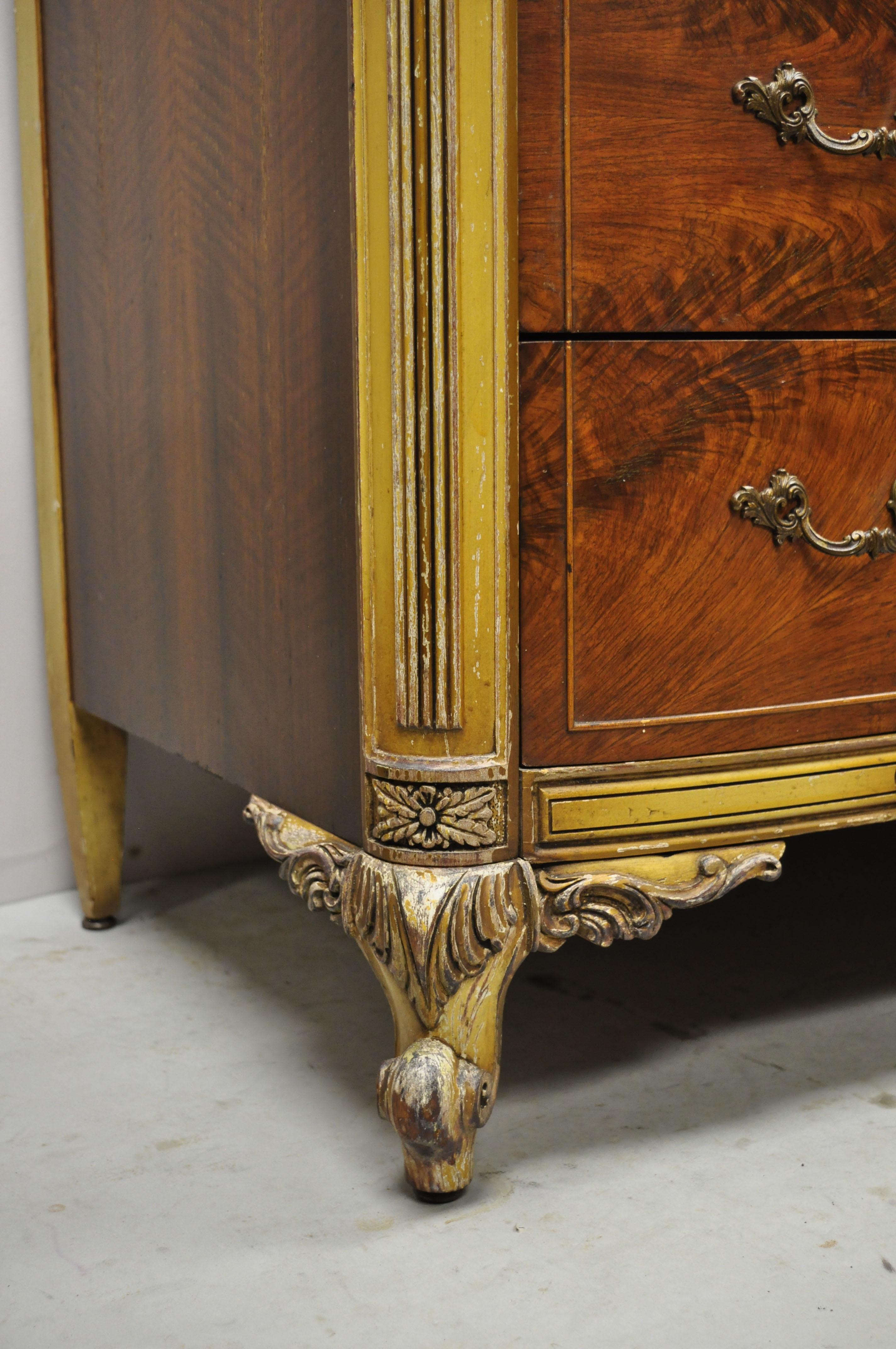 20th Century Antique French Louis XV Floral Satinwood Inlaid Mahogany Chest Dresser & Mirror For Sale