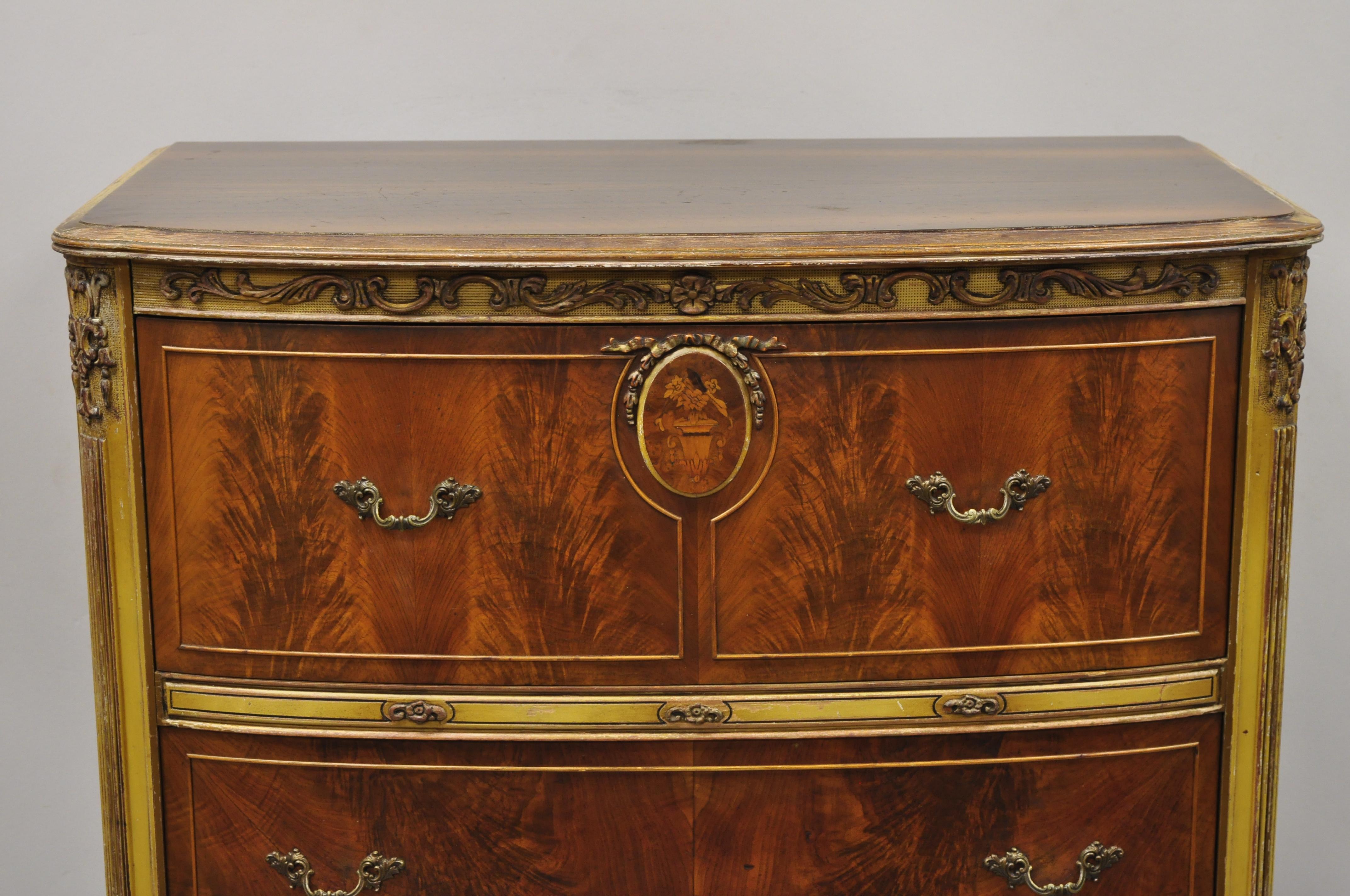 Antique French Louis XV style floral satinwood inlaid mahogany tall chest dresser. Item features beautiful wood grain, distressed finish, nicely carved details, 4 dovetailed drawers, cabriole legs, great style and form. Circa Early 1900s.