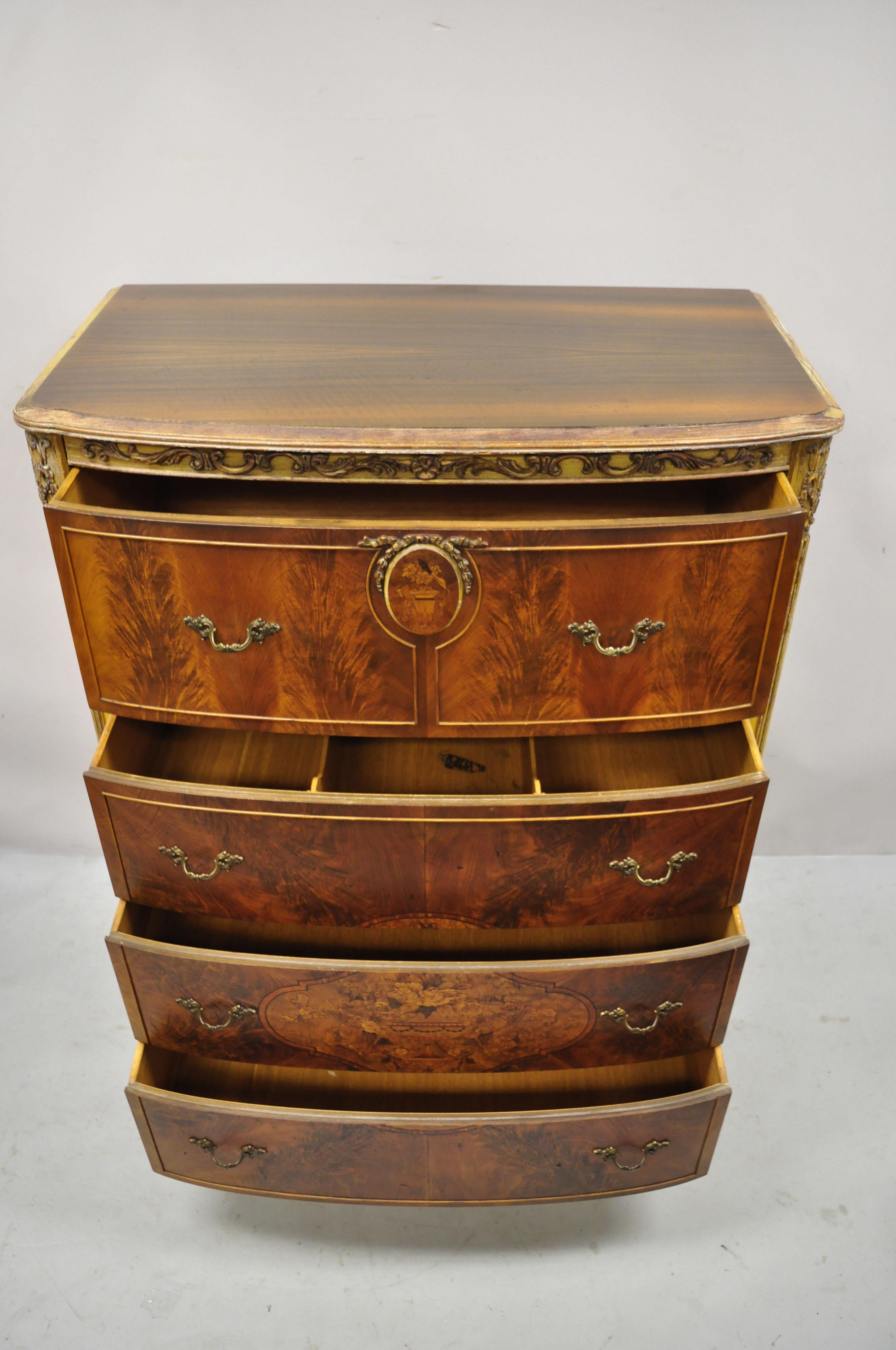 20th Century Antique French Louis XV Floral Satinwood Inlaid Mahogany Tall Chest Dresser