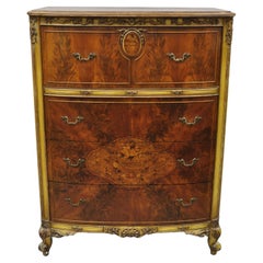 Antique French Louis XV Floral Satinwood Inlaid Mahogany Tall Chest Dresser