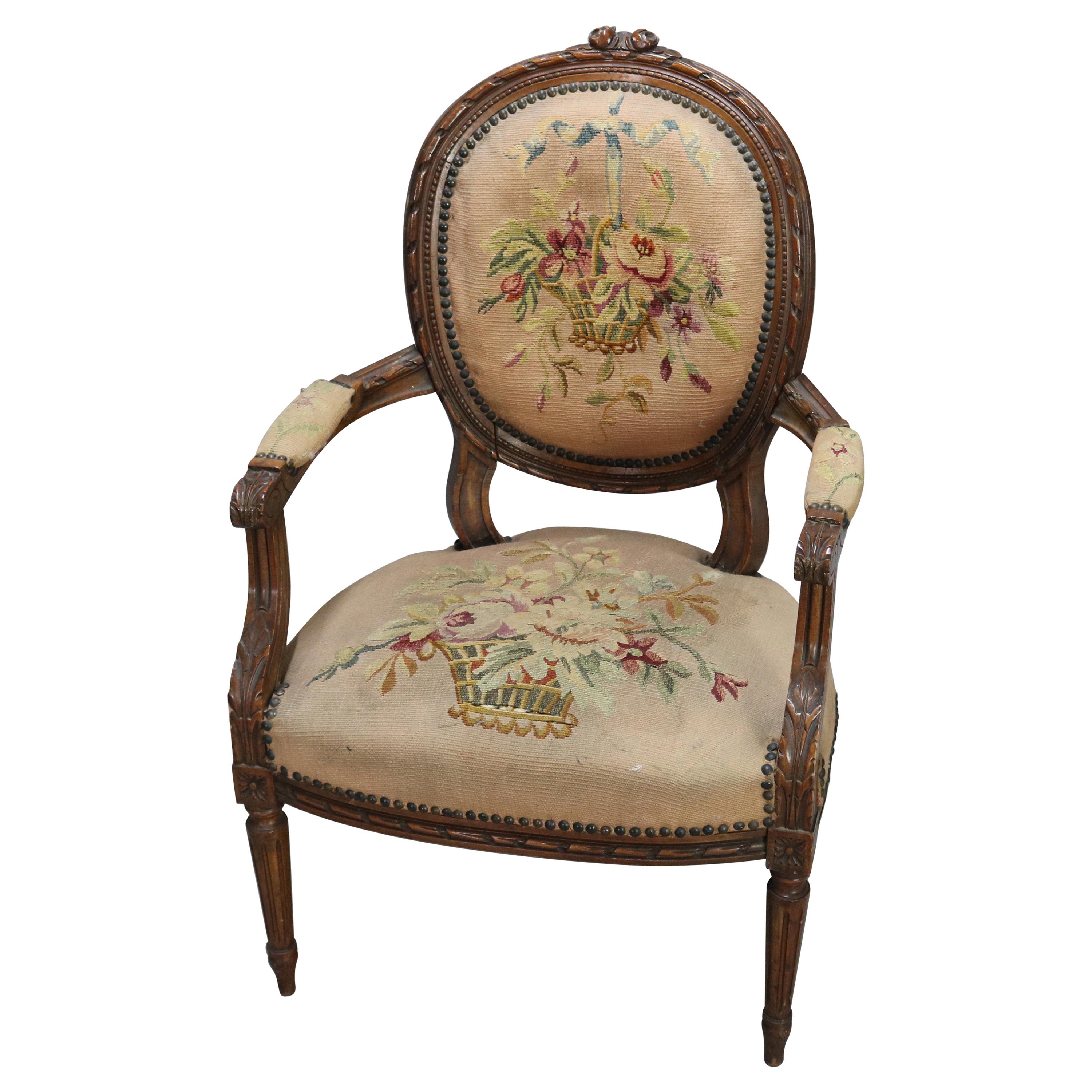 Antique French Louis XV Fruitwood and Needlepoint Armchair, 19th Century