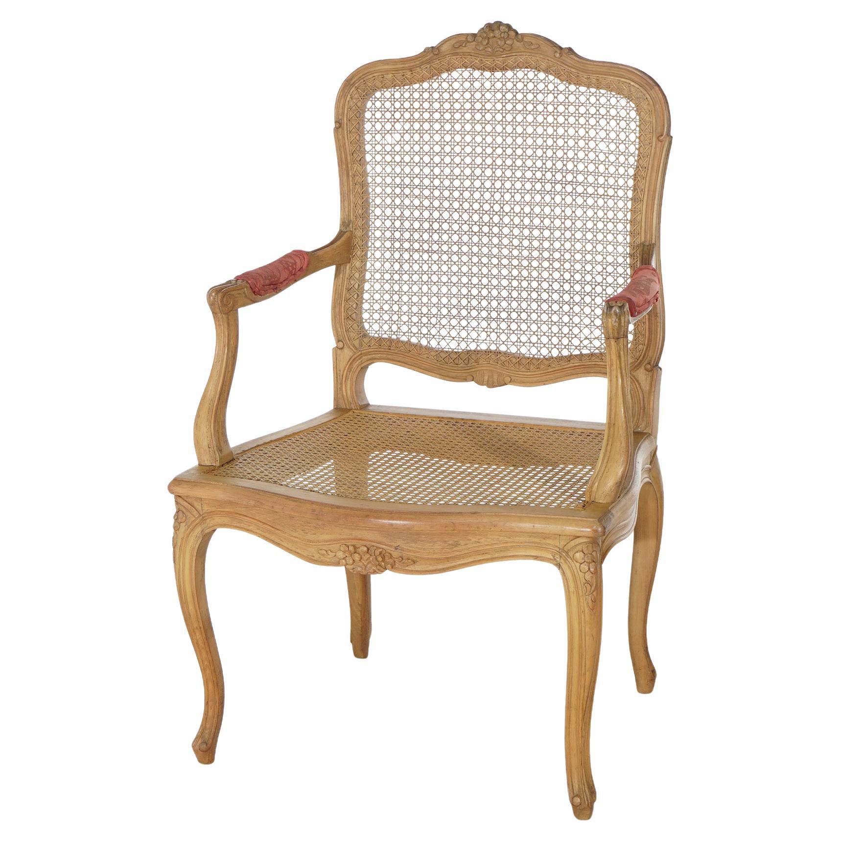 Antique French Louis XV Fruitwood & Cane Arm Chair Circa 1900 For Sale