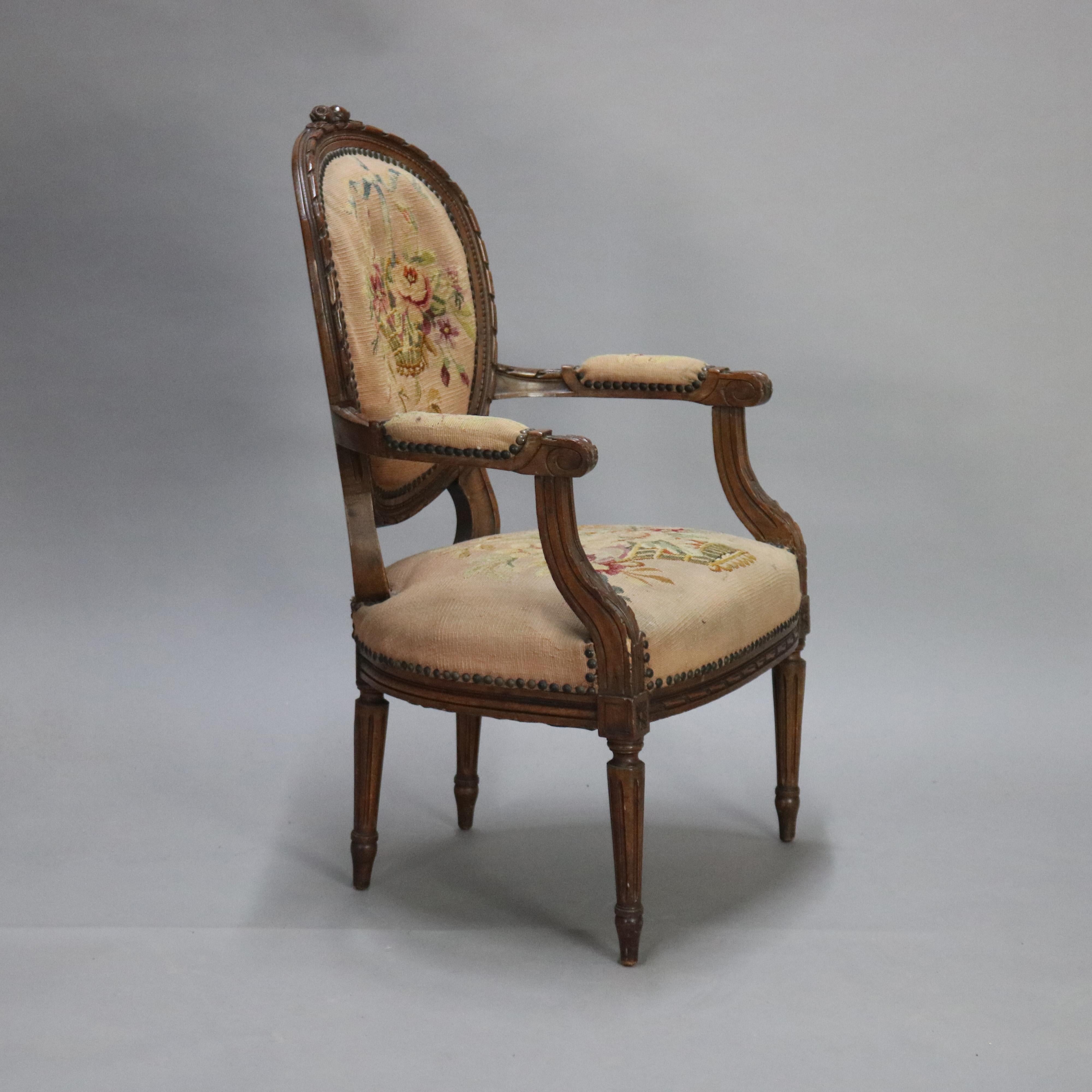 Antique French Louis XV Fruitwood and Needlepoint Armchair, 19th Century In Good Condition In Big Flats, NY