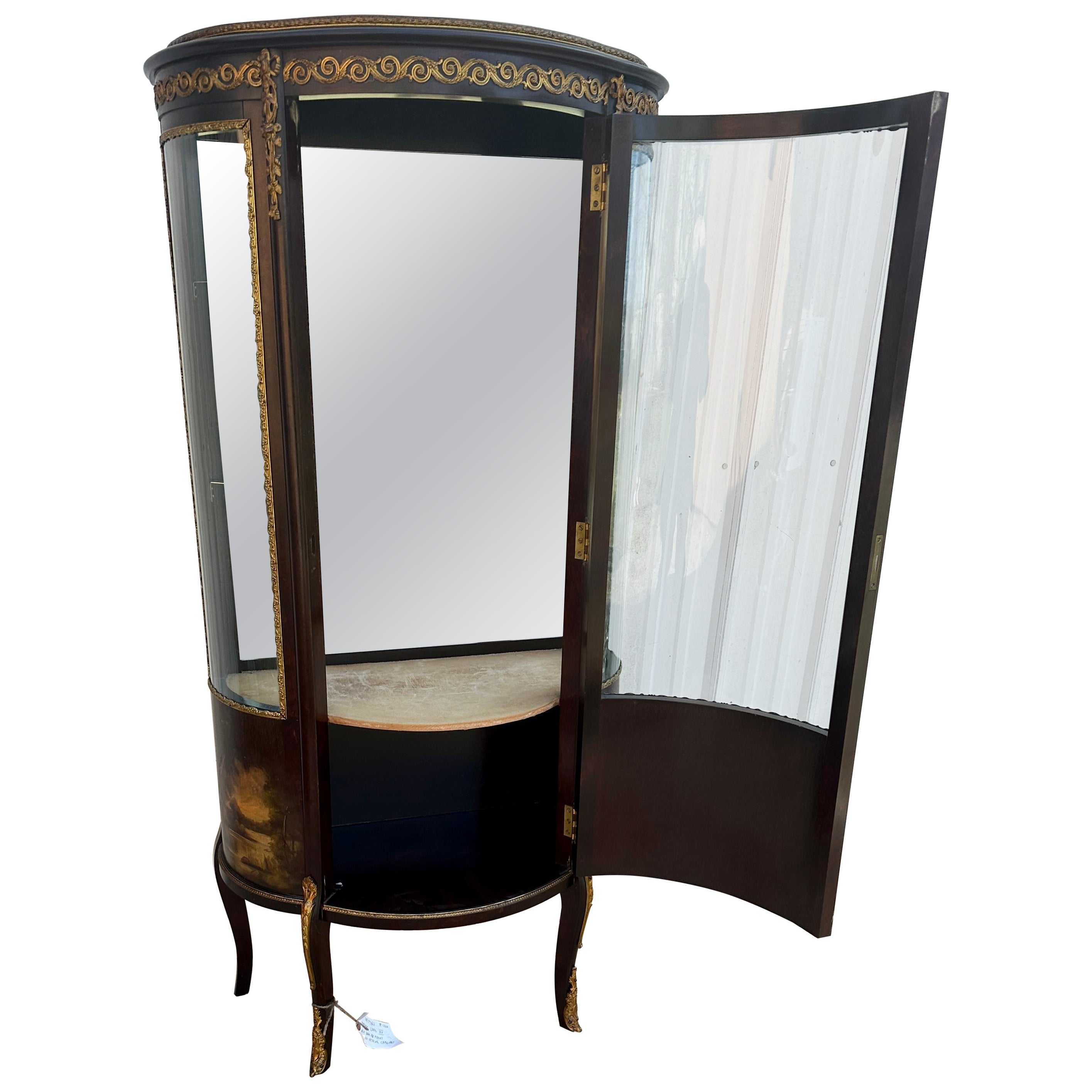 Antique French Louis XV Gilt Bow Front Curio "Vitrine" Cabinet - W7763 For Sale