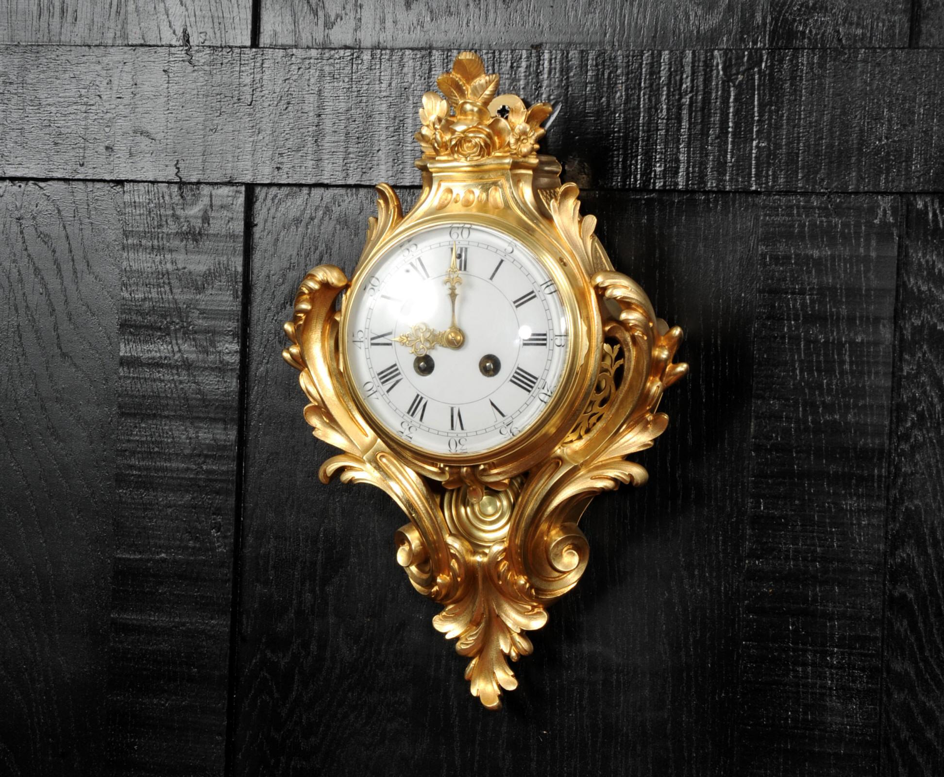 Antique French Louis XV Gilt Bronze Cartel Wall Clock In Good Condition In Belper, Derbyshire