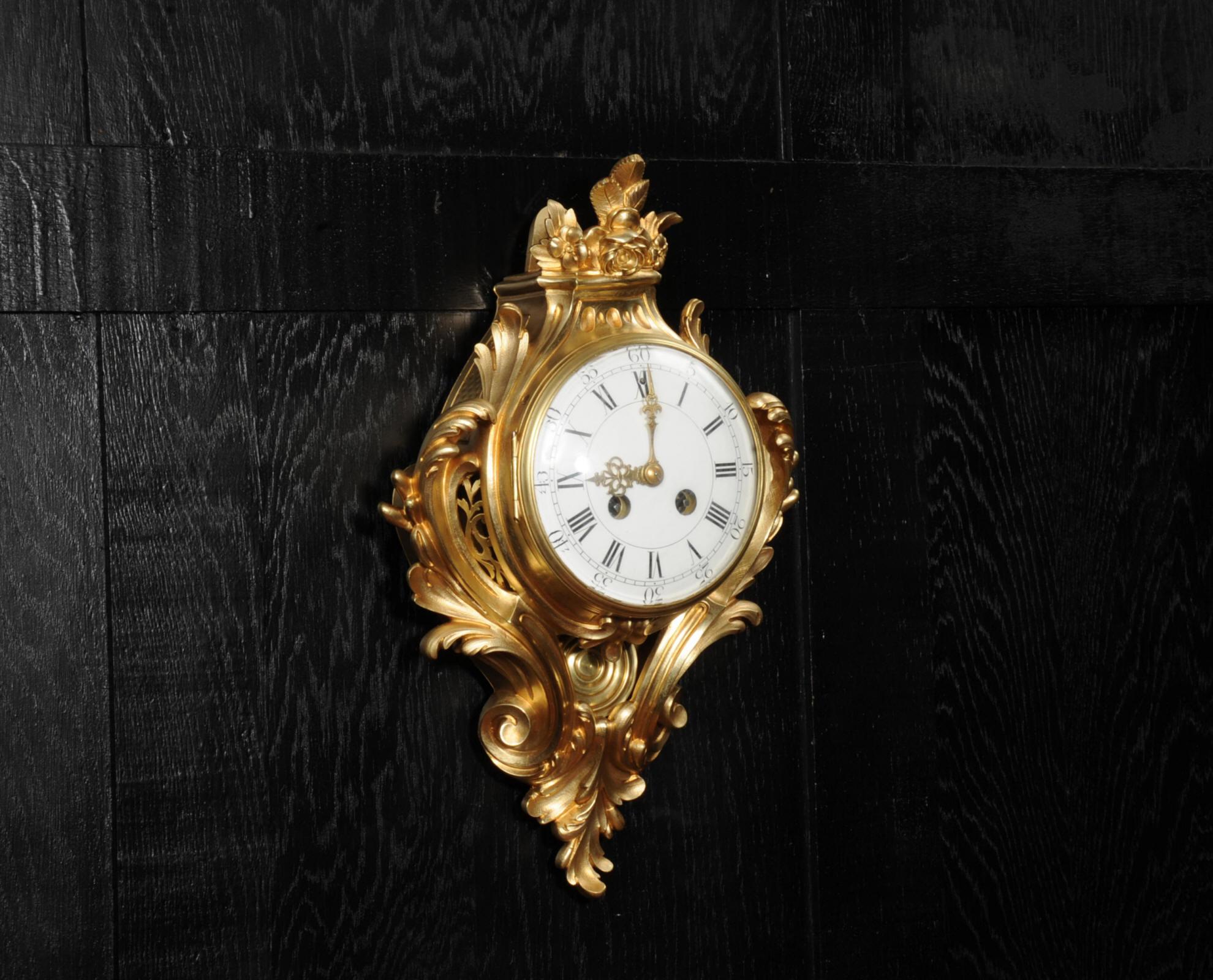 19th Century Antique French Louis XV Gilt Bronze Cartel Wall Clock