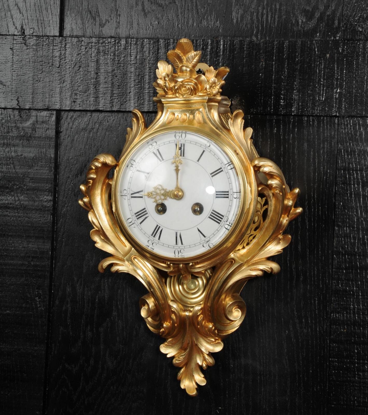 Antique French Louis XV Gilt Bronze Cartel Wall Clock 2