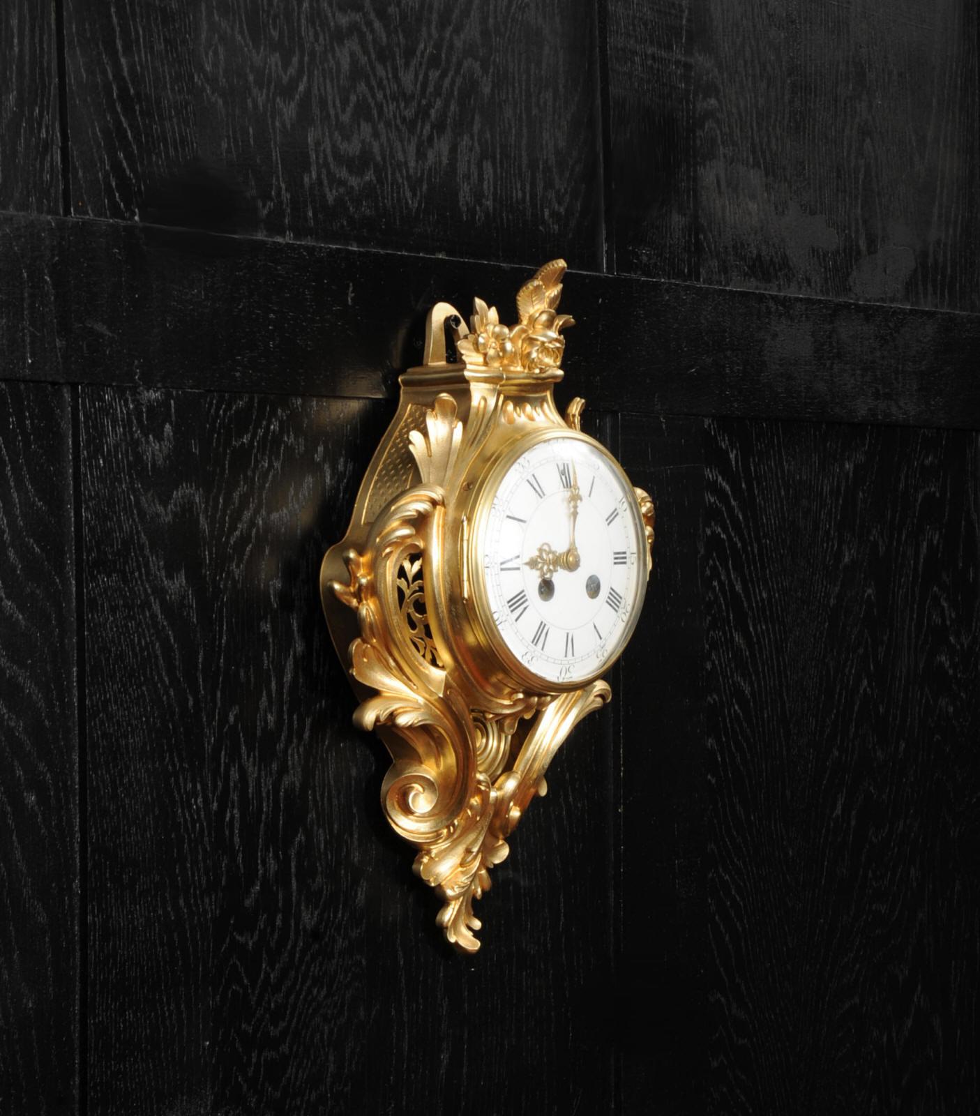 Antique French Louis XV Gilt Bronze Cartel Wall Clock 3