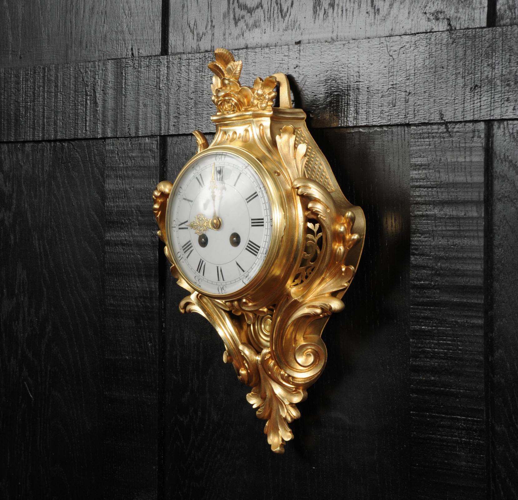 Antique French Louis XV Gilt Bronze Cartel Wall Clock 5