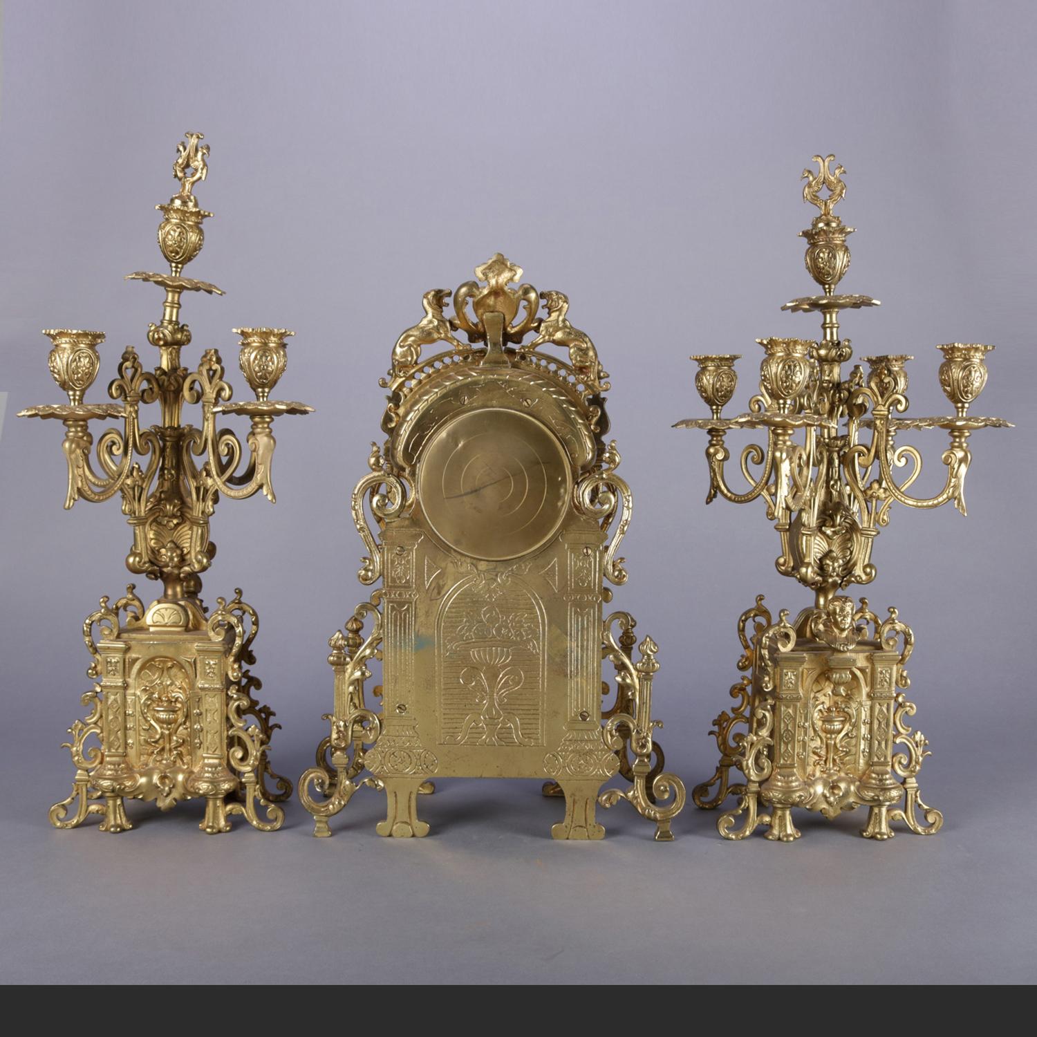Cast Antique French Louis XV Gilt Bronze Clock & Candelabra Garniture Set, circa 1855